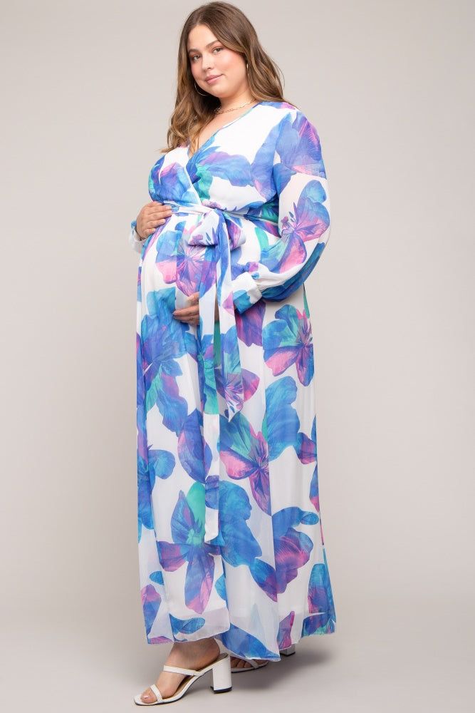 Blue Floral Chiffon Maternity Plus Maxi Dress sold by Pinkblush product image thumbnail 2