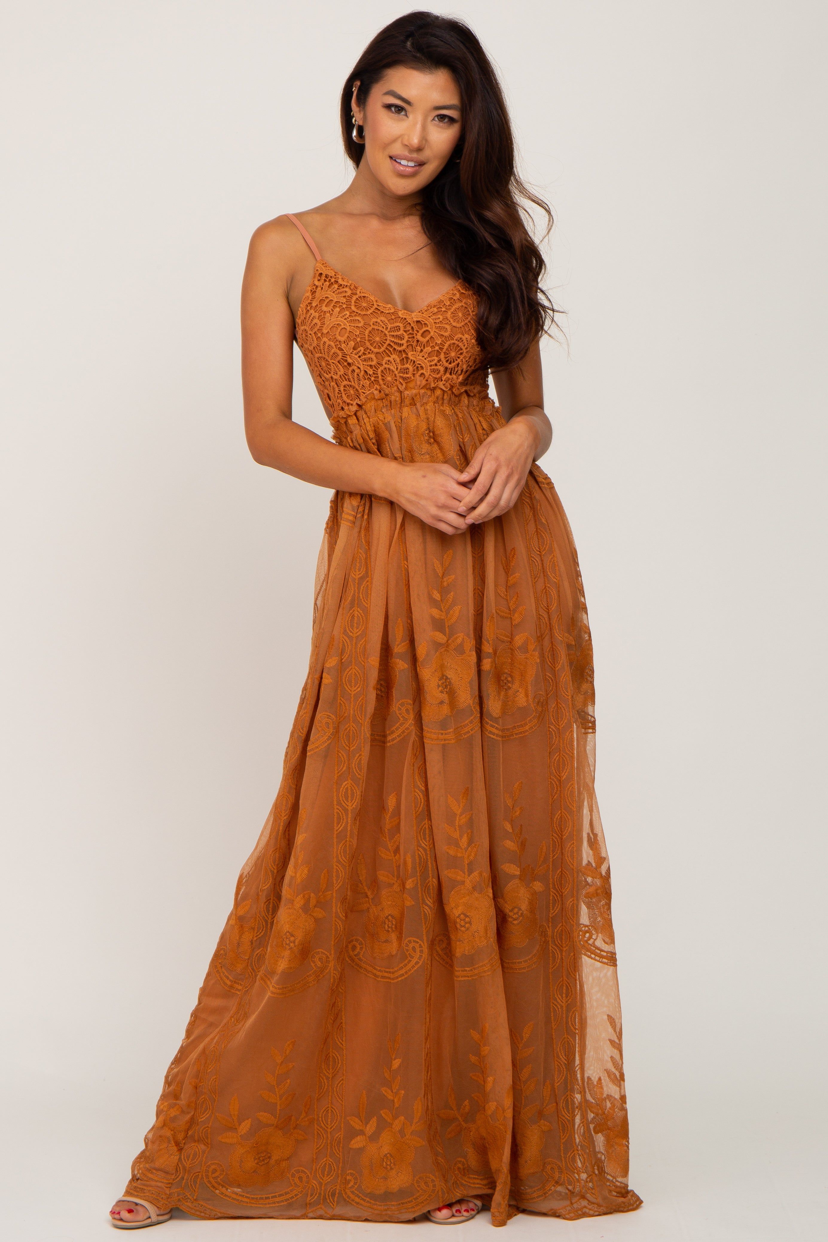 Camel Crochet Lace Open Back Maxi Dress sold by Pinkblush