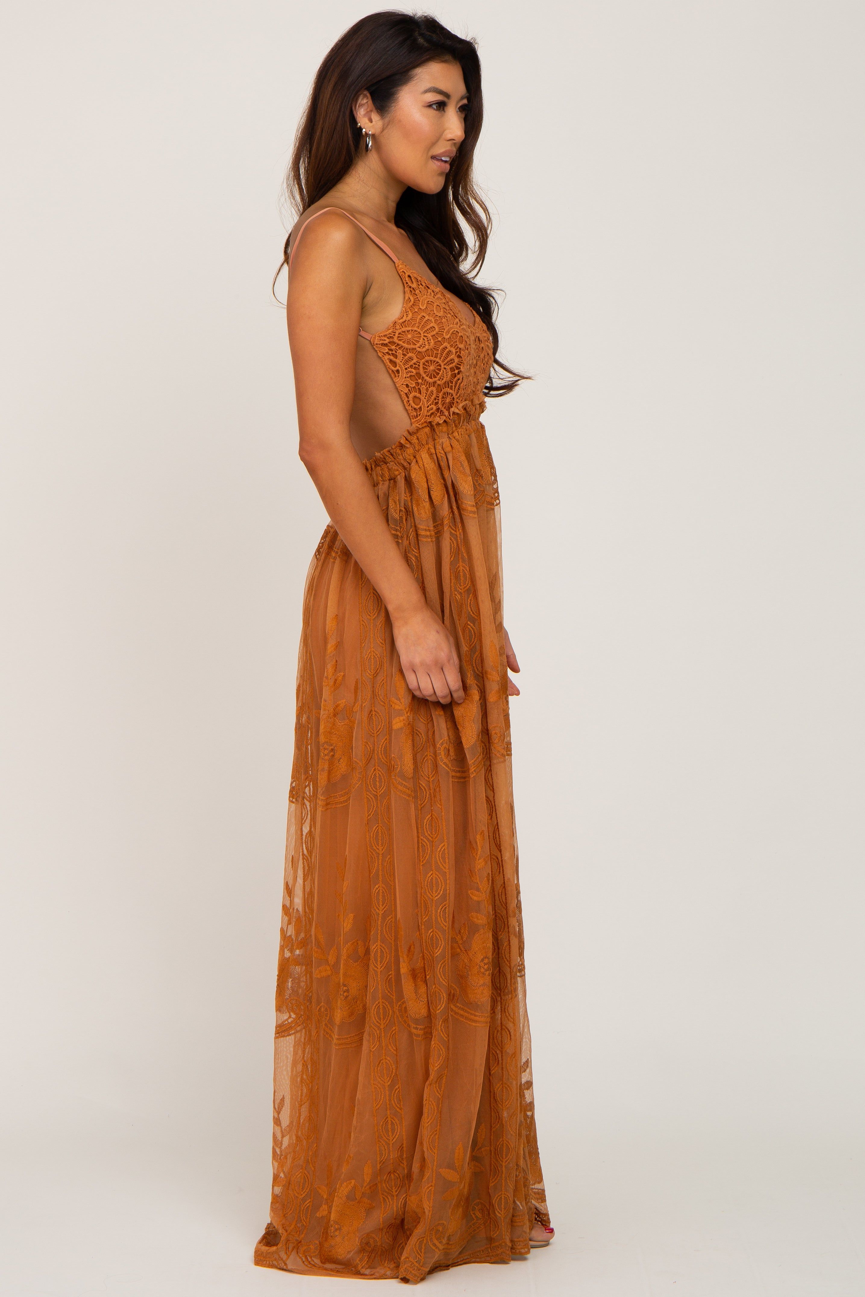 Camel Crochet Lace Open Back Maxi Dress sold by Pinkblush product image thumbnail 2