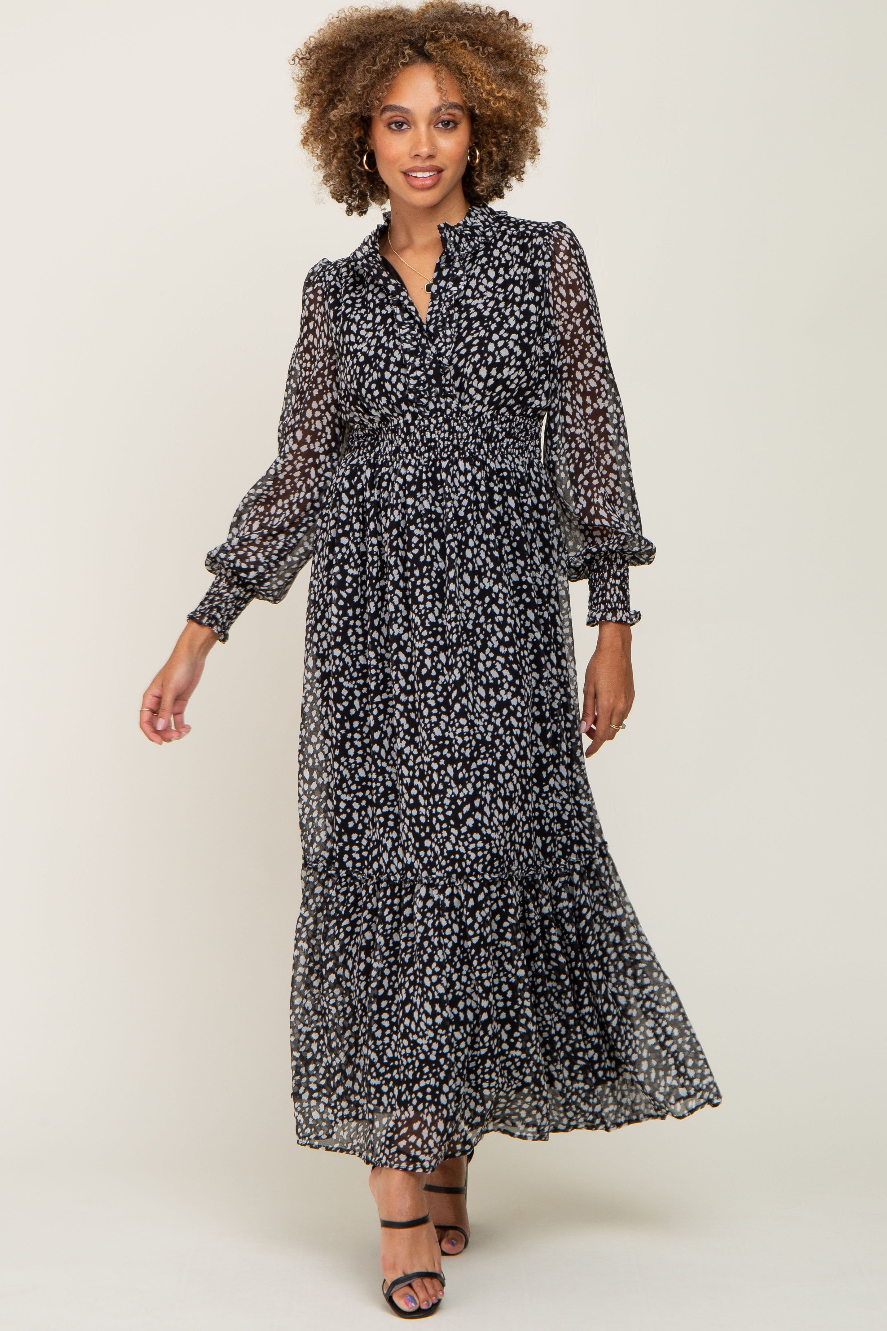 Black Animal Print Chiffon Ruffle Accent Dress sold by Pinkblush