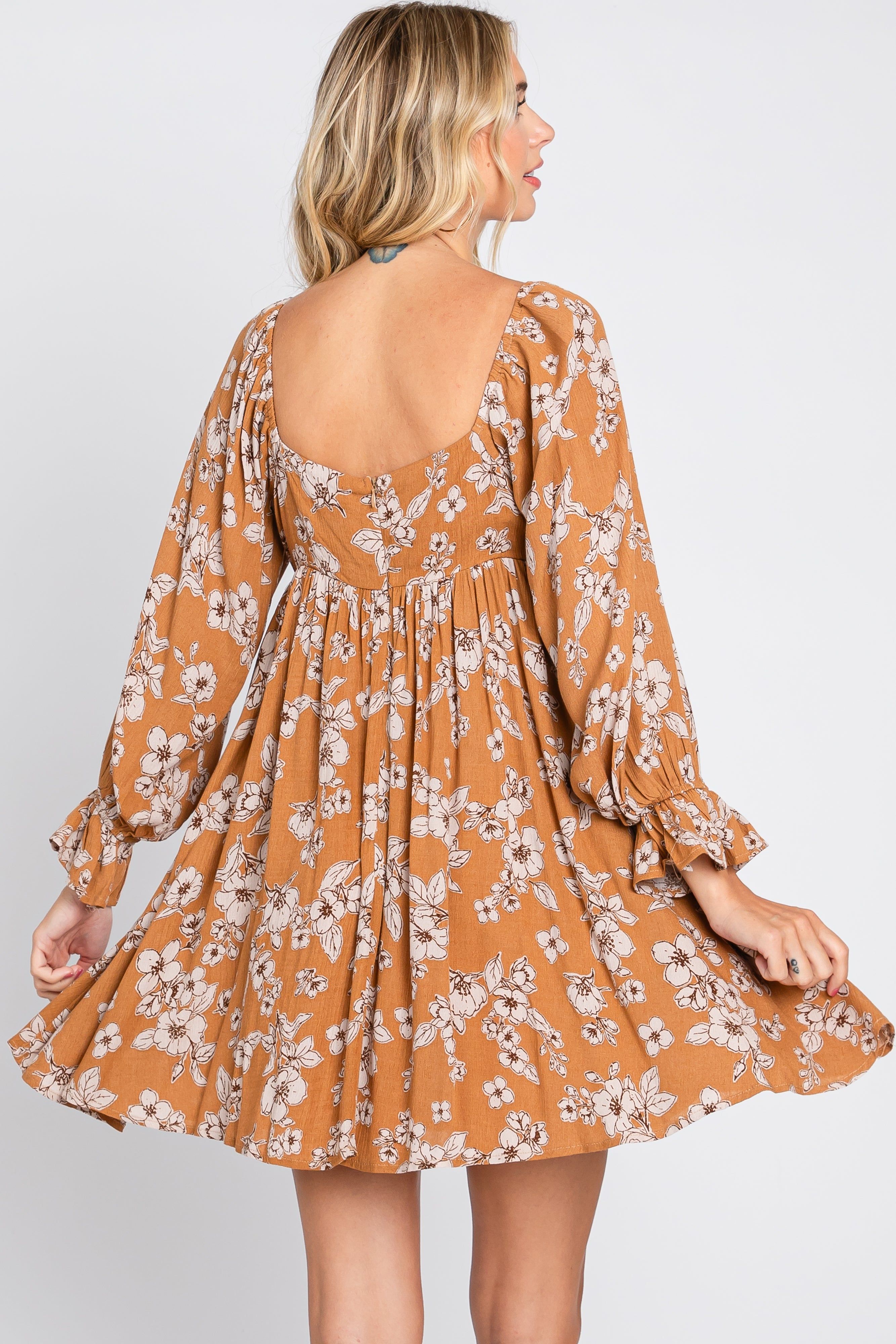 Camel Floral Long Sleeve Mini Dress sold by Pinkblush product image thumbnail 3