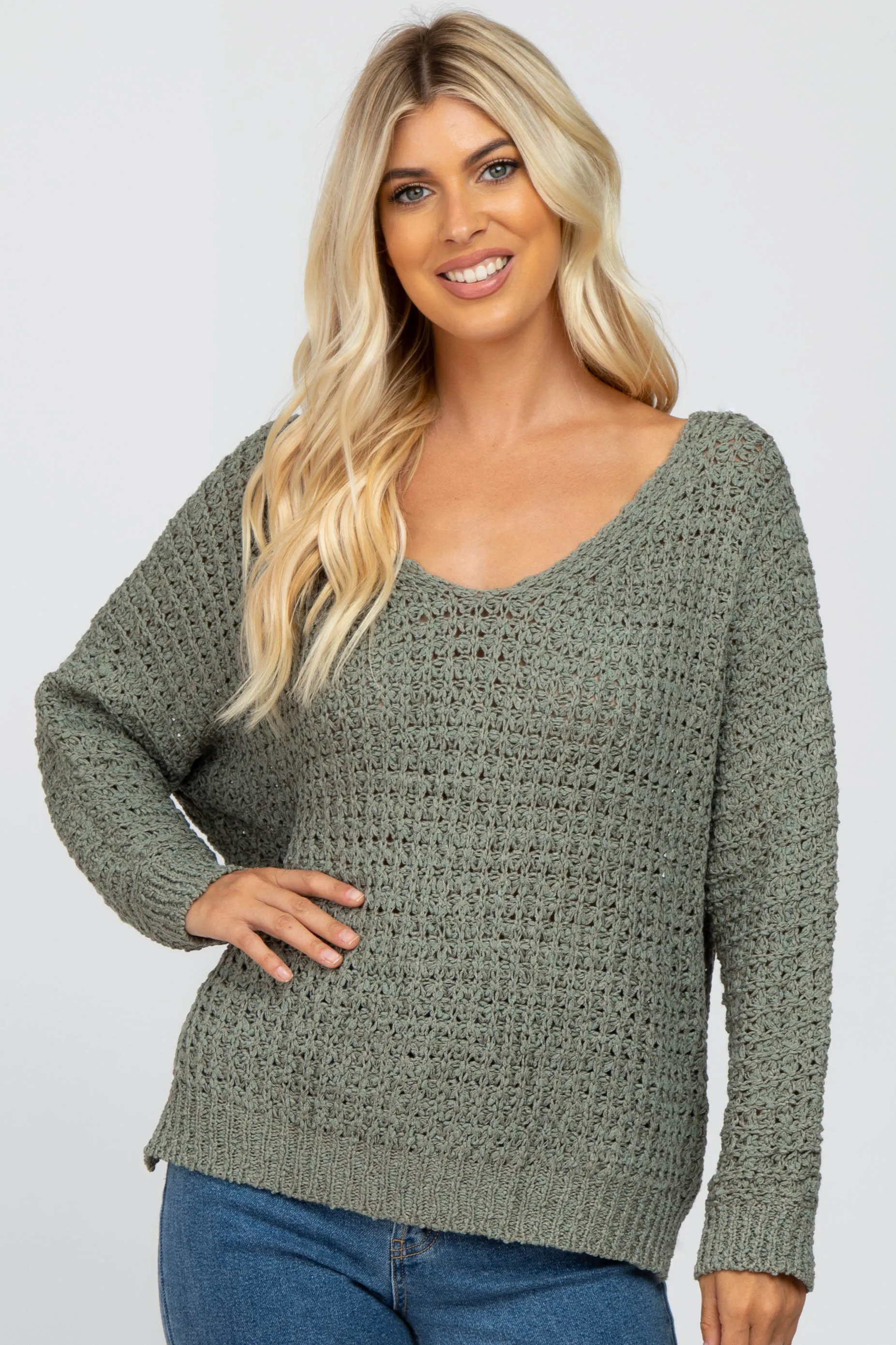Olive V-Neck Side Slit Thick Knit Sweater sold by Pinkblush