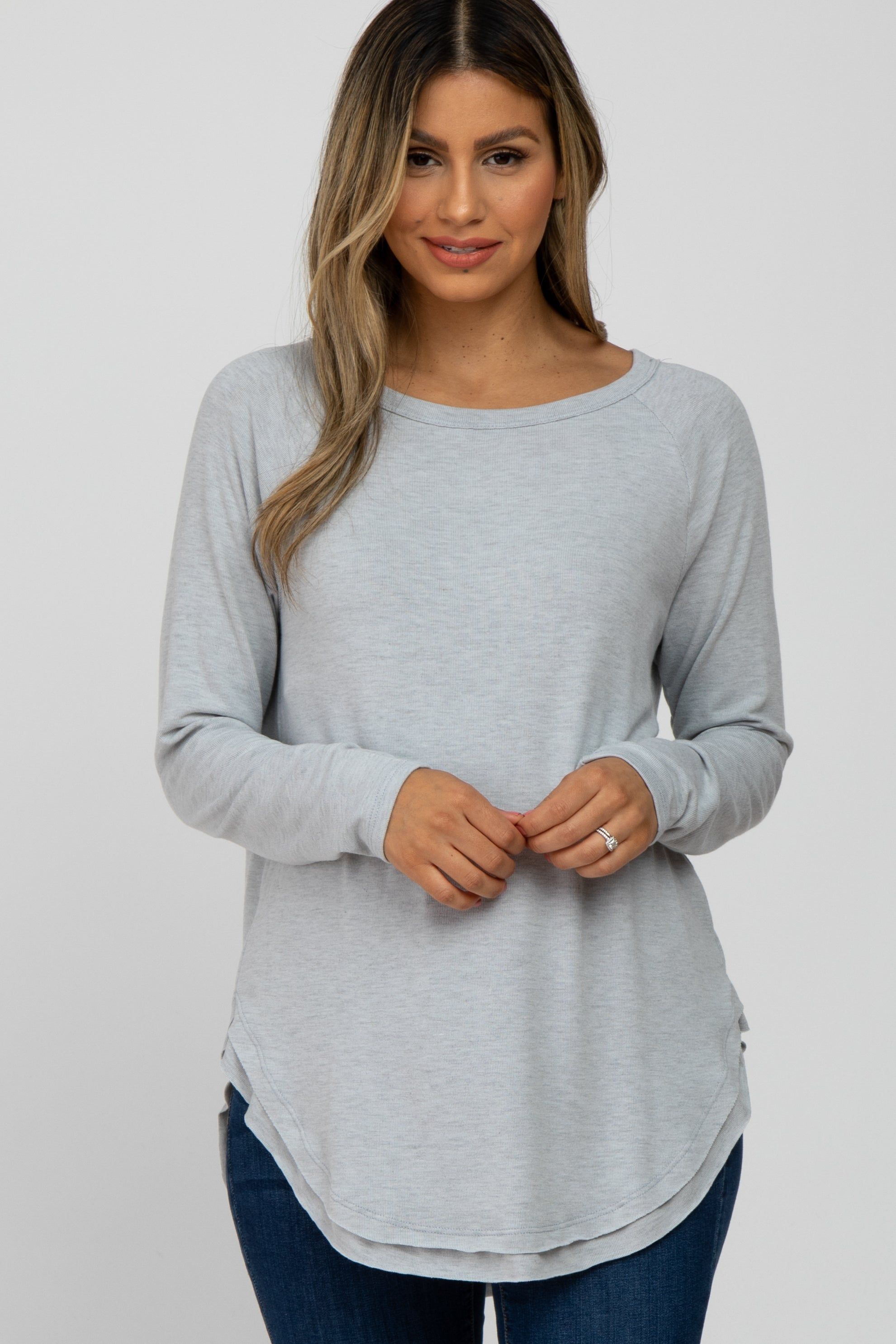 Heather Grey Hi-Low Rounded Raw Edge Hem Top sold by Pinkblush