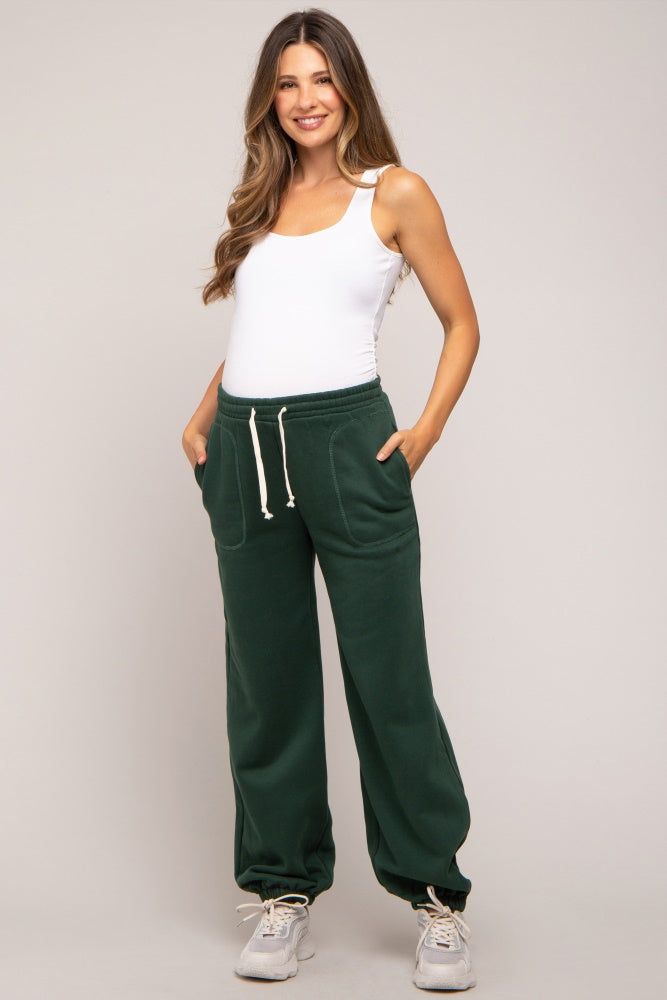 Forest Green Drawstring Maternity Relaxed Fit Sweatpants sold by Pinkblush