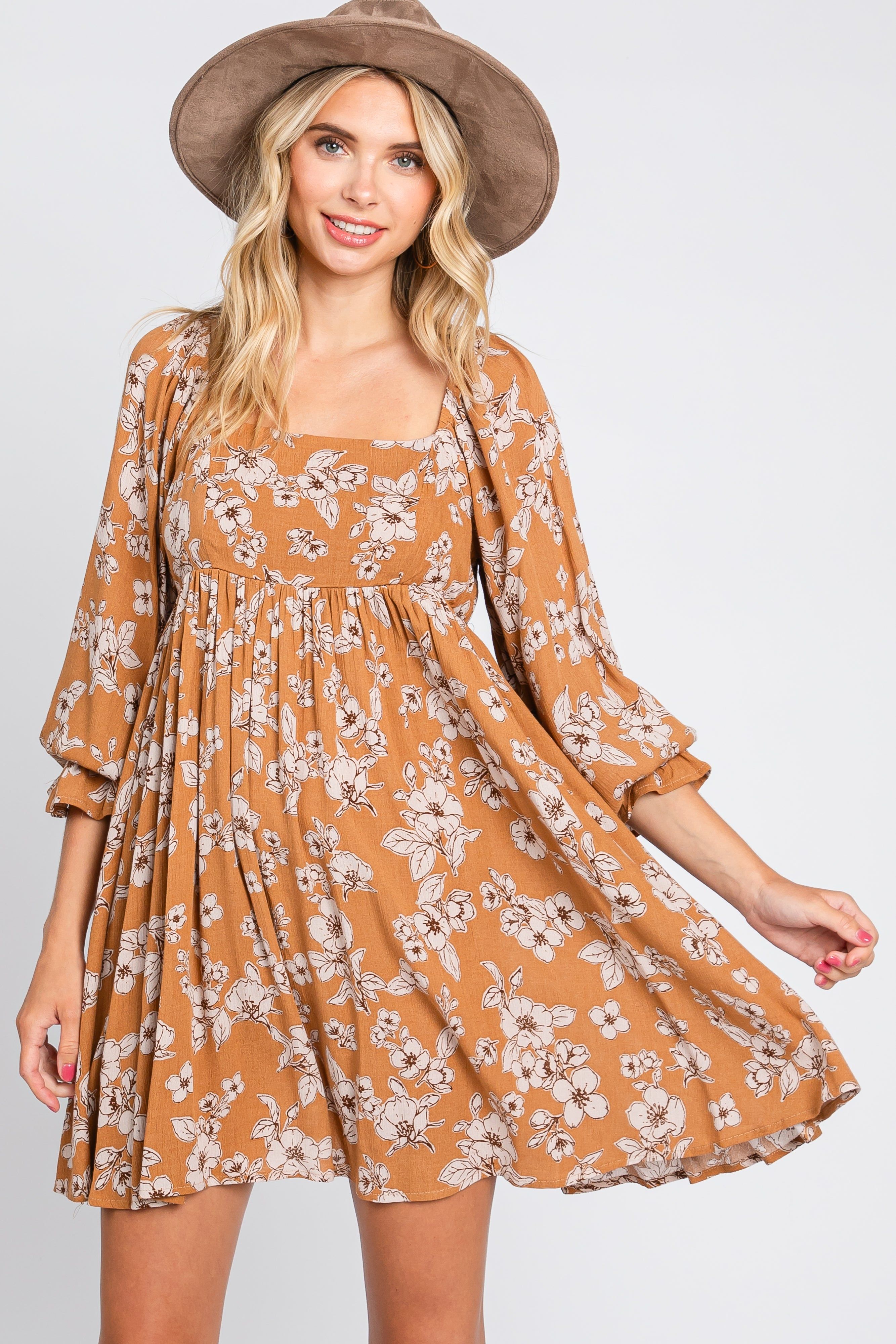 Camel Floral Long Sleeve Mini Dress sold by Pinkblush product image thumbnail 4
