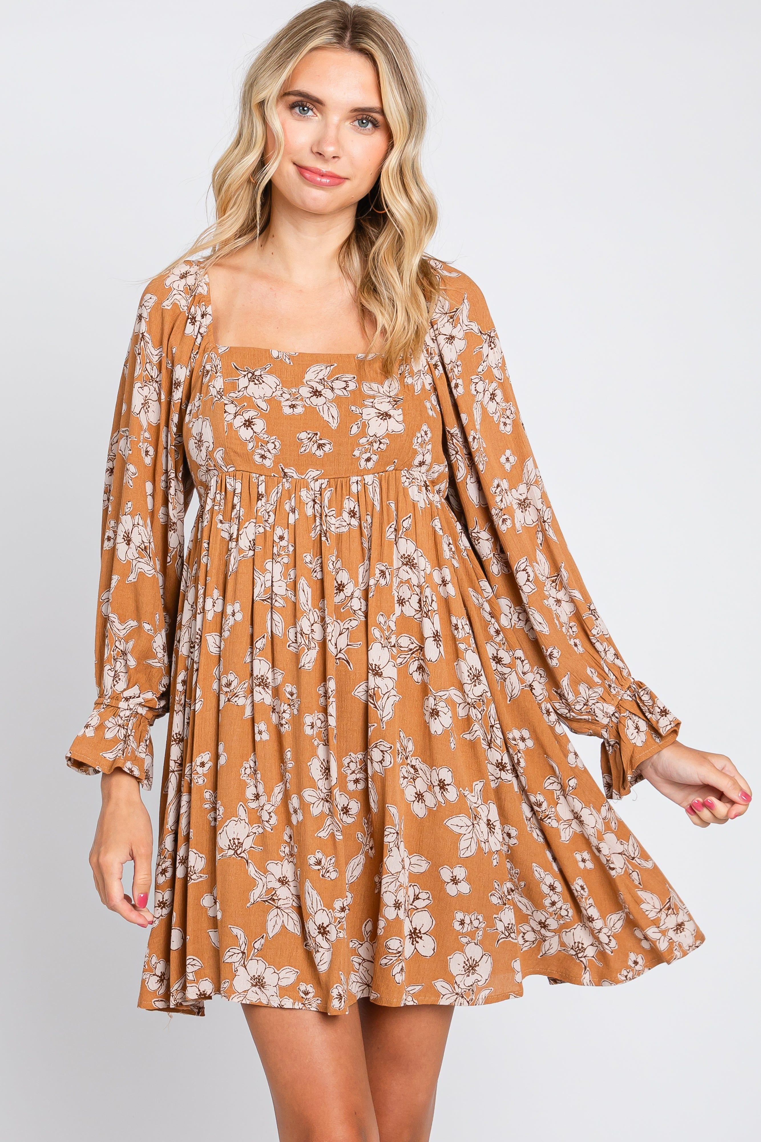 Camel Floral Long Sleeve Mini Dress sold by Pinkblush