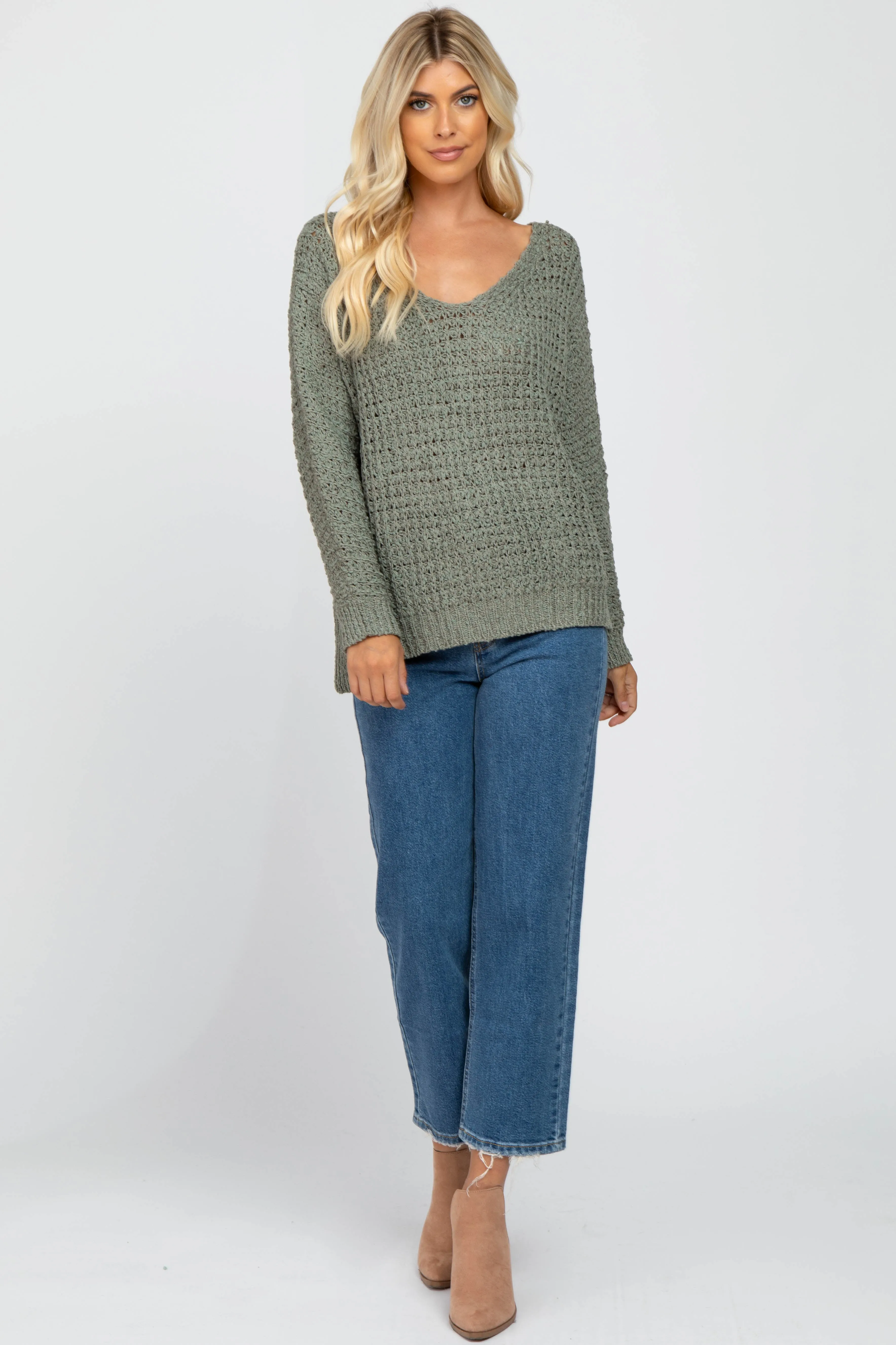 Olive V-Neck Side Slit Thick Knit Sweater sold by Pinkblush product image thumbnail 4