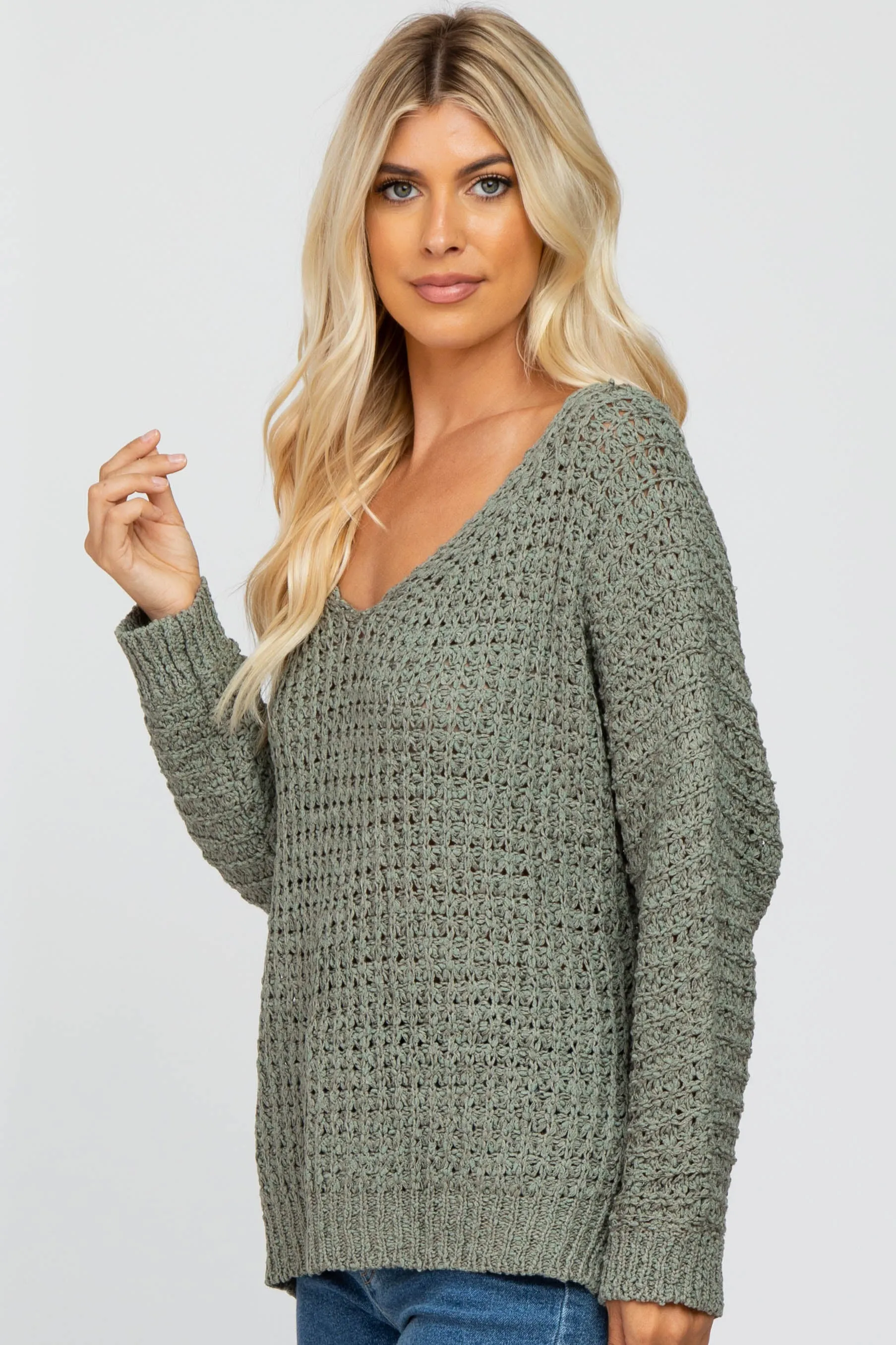 Olive V-Neck Side Slit Thick Knit Sweater sold by Pinkblush product image thumbnail 2