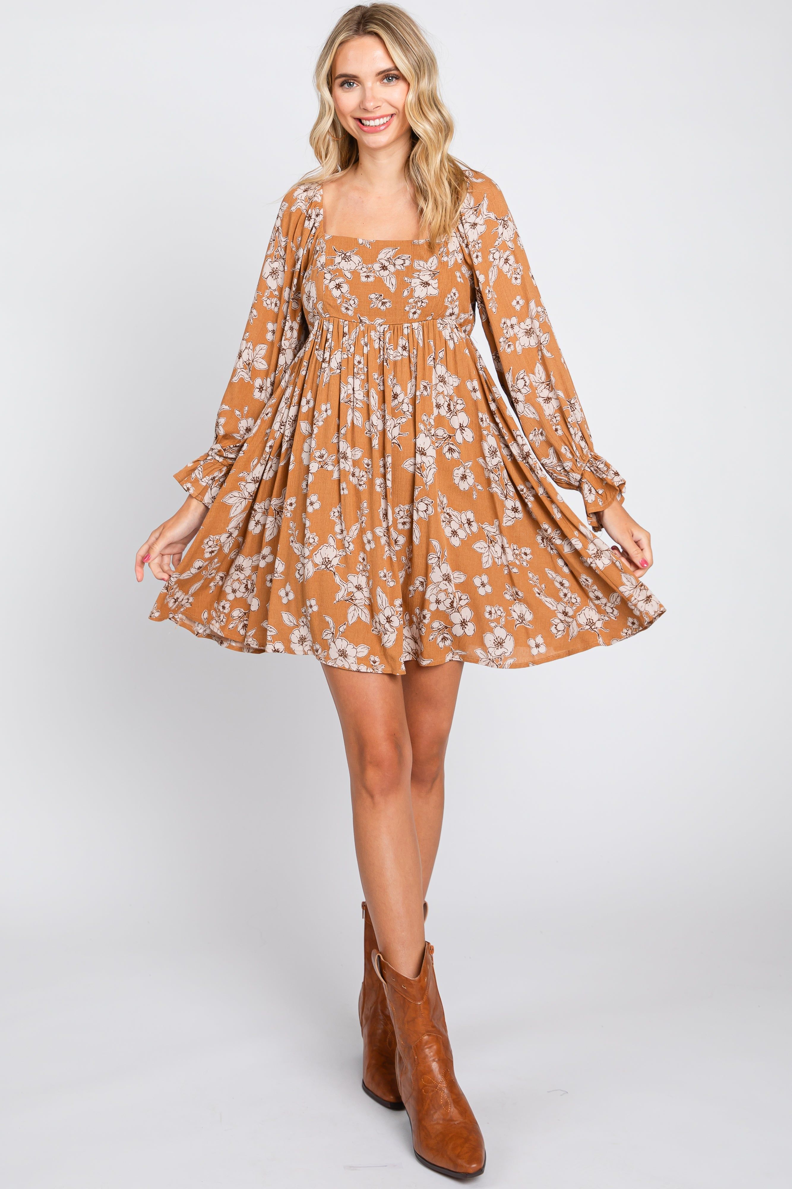 Camel Floral Long Sleeve Mini Dress sold by Pinkblush product image thumbnail 5