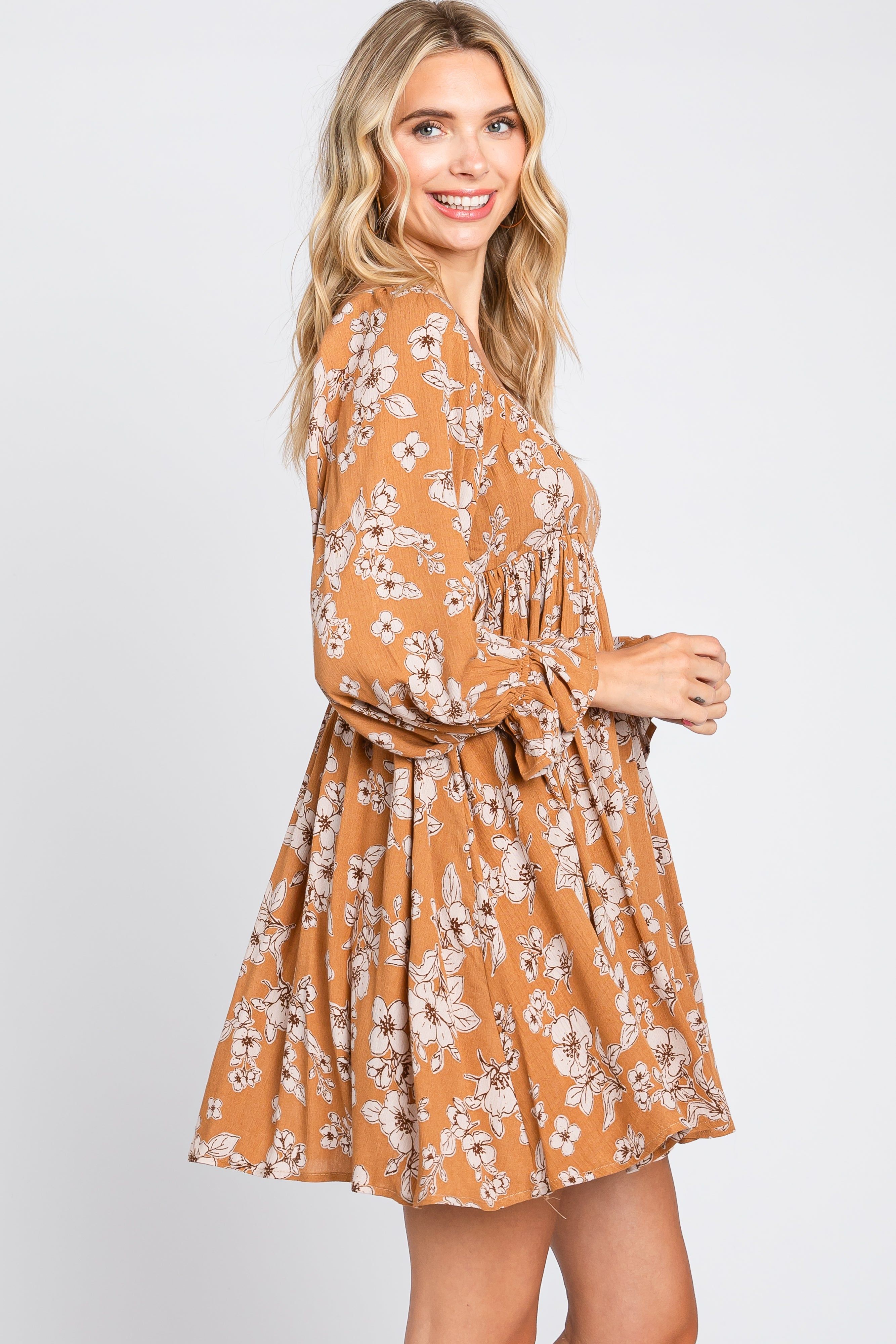 Camel Floral Long Sleeve Mini Dress sold by Pinkblush product image thumbnail 2