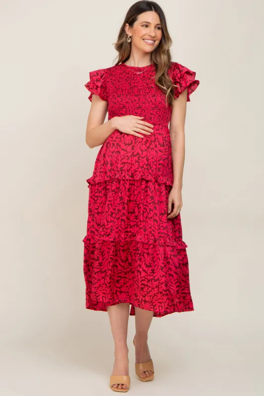 Fuchsia Print Smocked Ruffle Tiered Maternity Midi Dress sold by Pinkblush