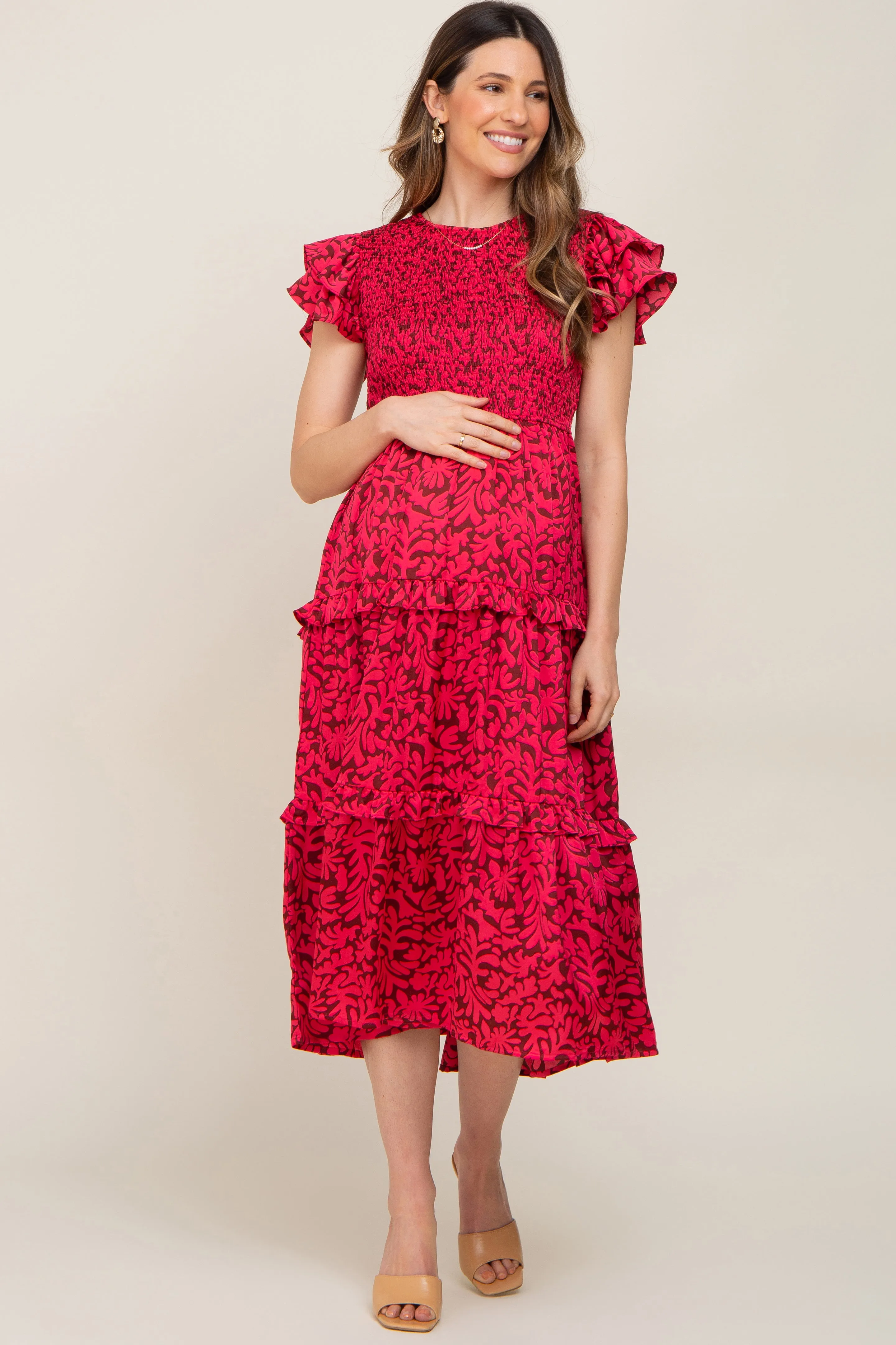 Fuchsia Print Smocked Ruffle Tiered Maternity Midi Dress sold by Pinkblush