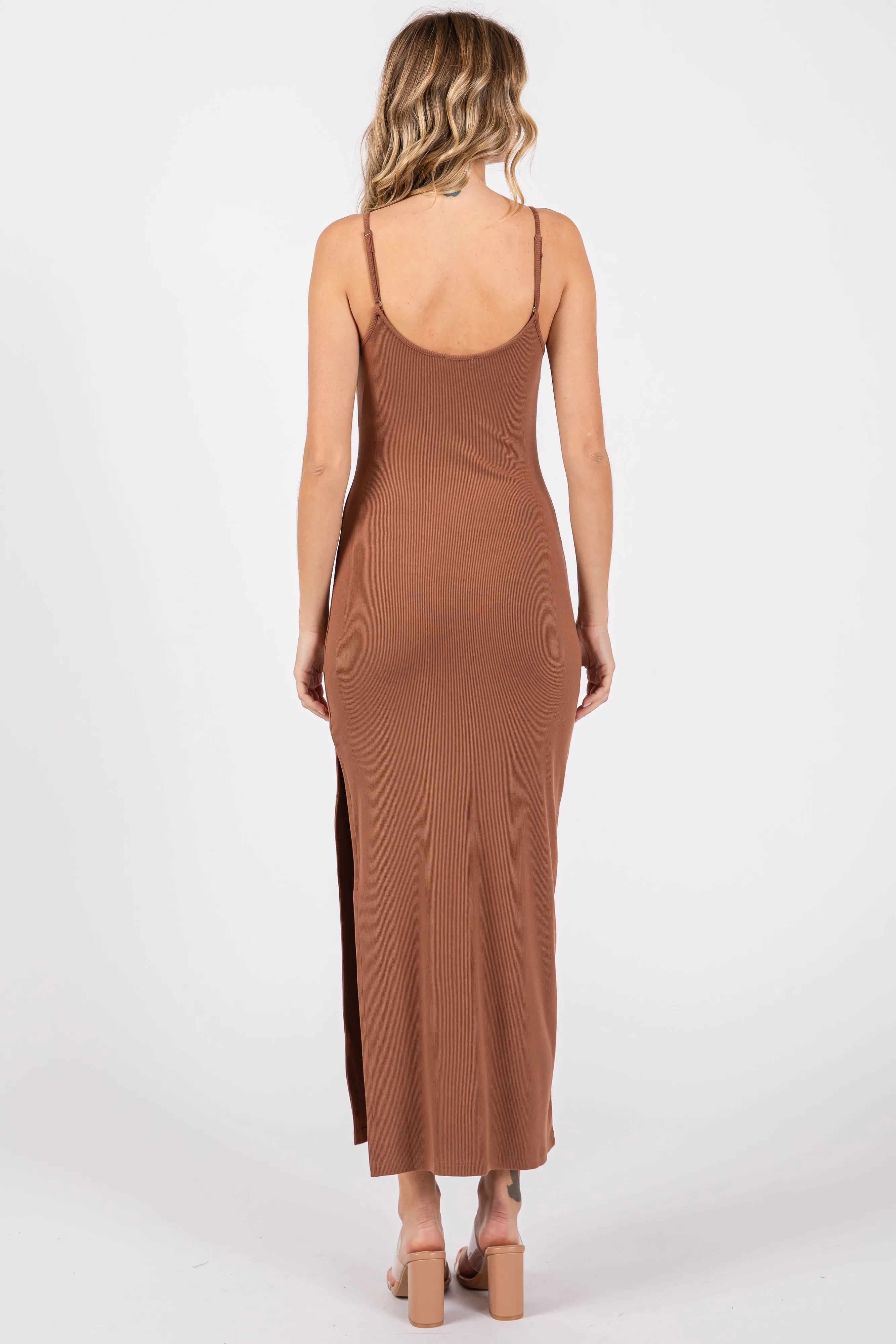 Camel Ribbed Sleeveless Side Slit Dress sold by Pinkblush product image thumbnail 3