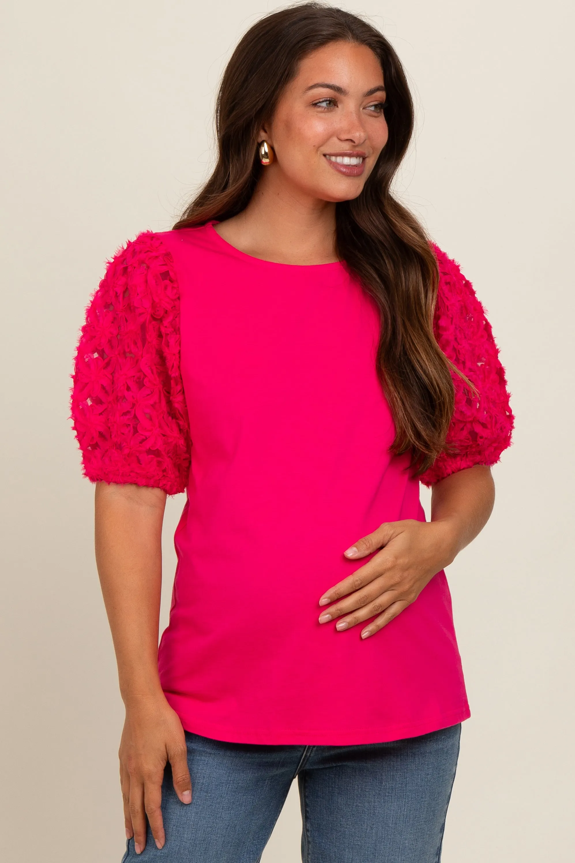 Fuchsia Floral Mesh Sleeve Maternity Blouse sold by Pinkblush