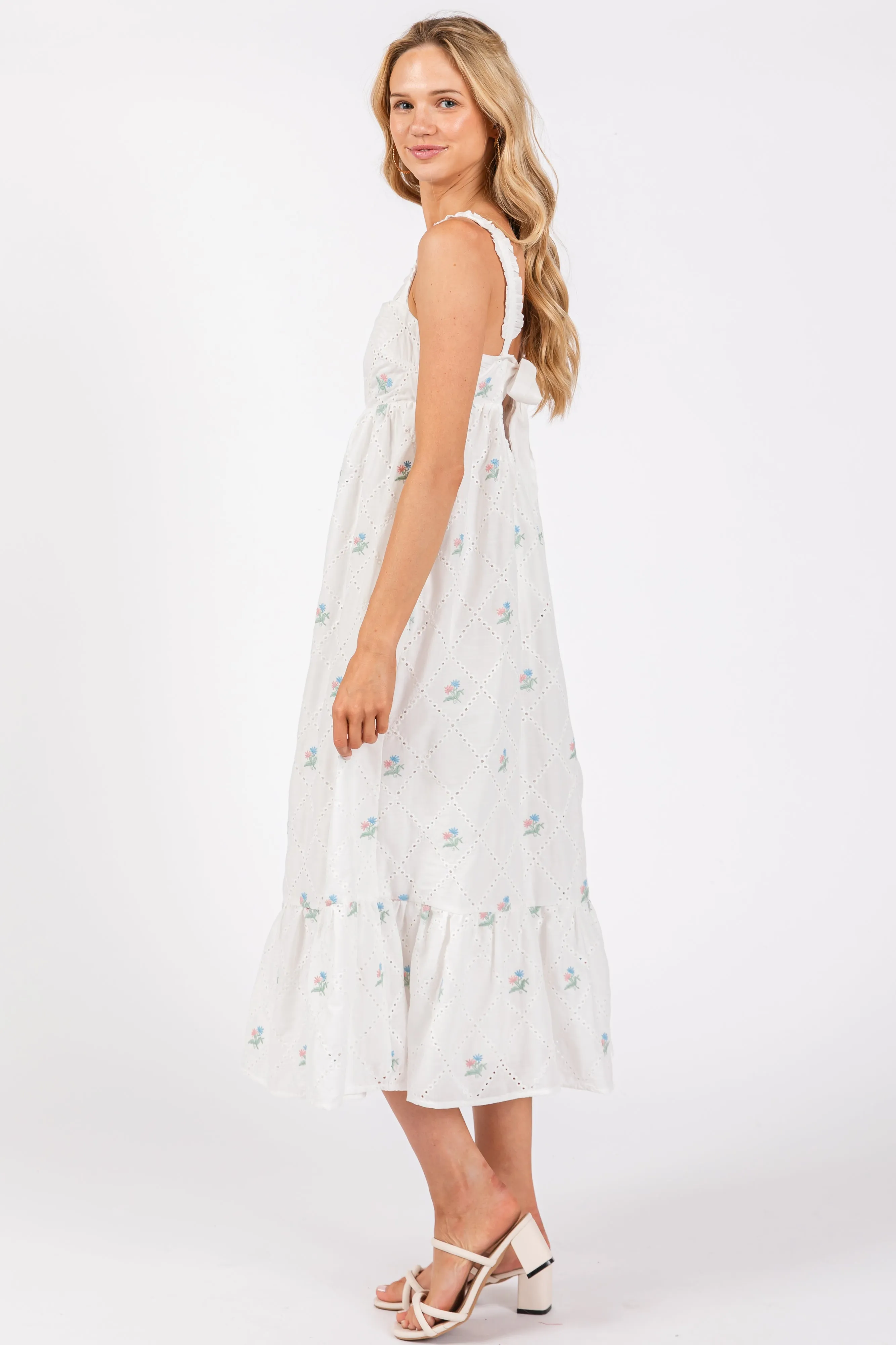 White Eyelet Floral Embroidered Back Tie Cutout Midi Dress sold by Pinkblush product image thumbnail 2