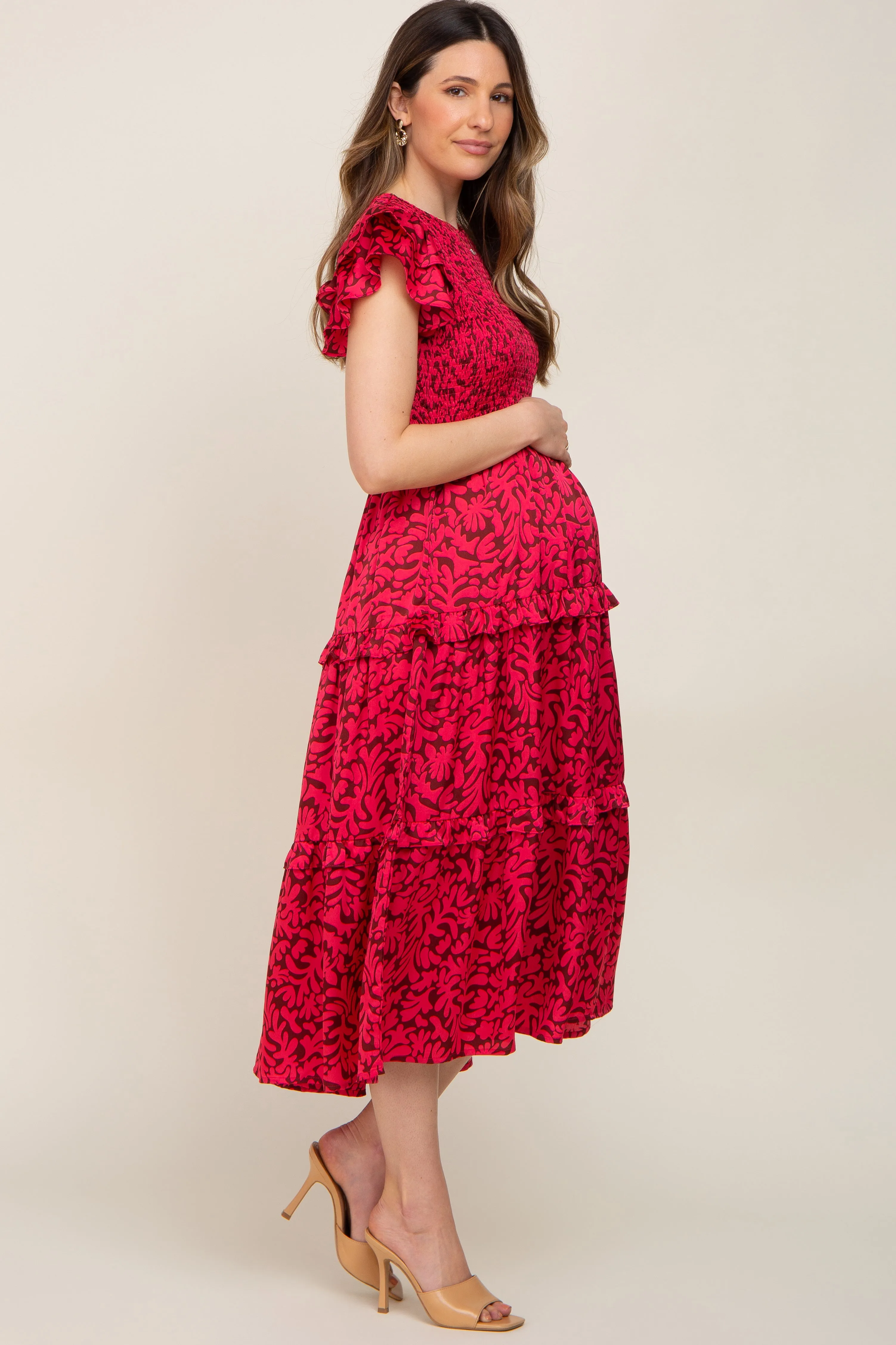 Fuchsia Print Smocked Ruffle Tiered Maternity Midi Dress sold by Pinkblush product image thumbnail 2