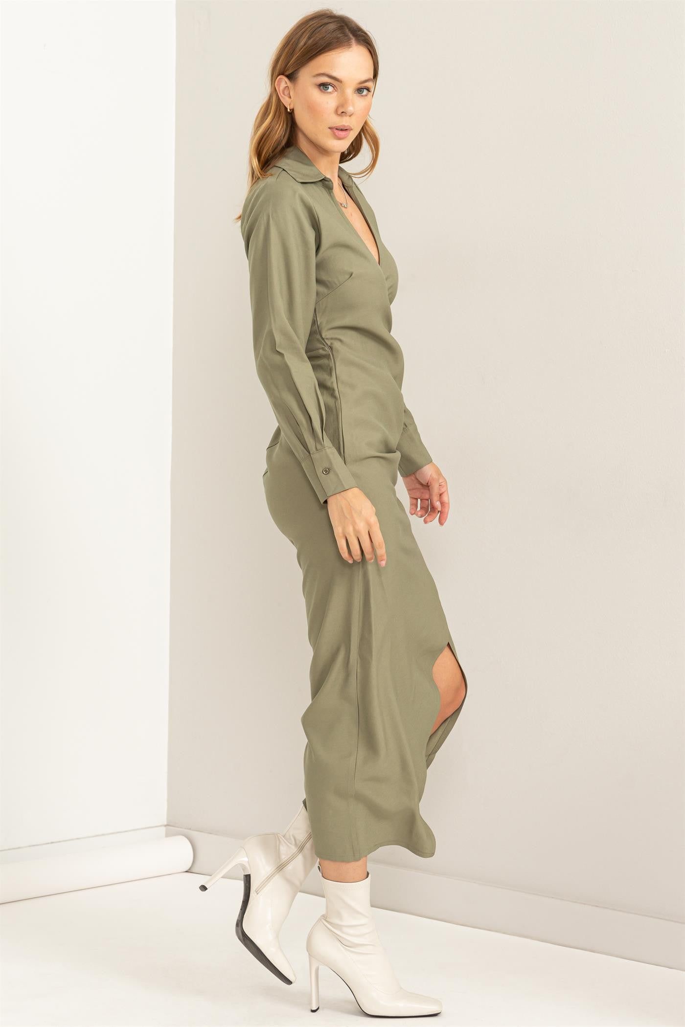 Olive V-Neck Wrap Dress sold by Pinkblush product image thumbnail 2