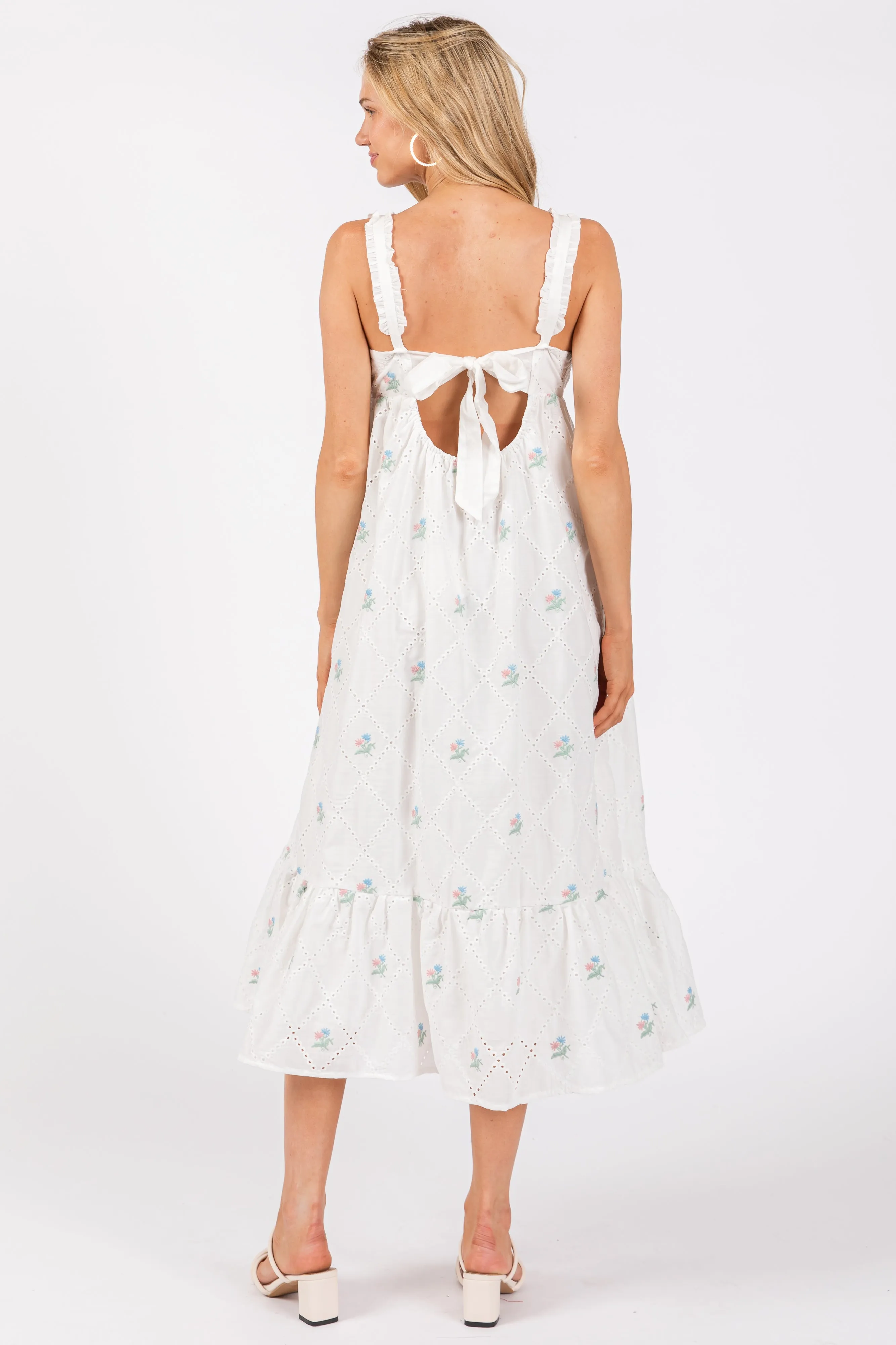 White Eyelet Floral Embroidered Back Tie Cutout Midi Dress sold by Pinkblush product image thumbnail 3