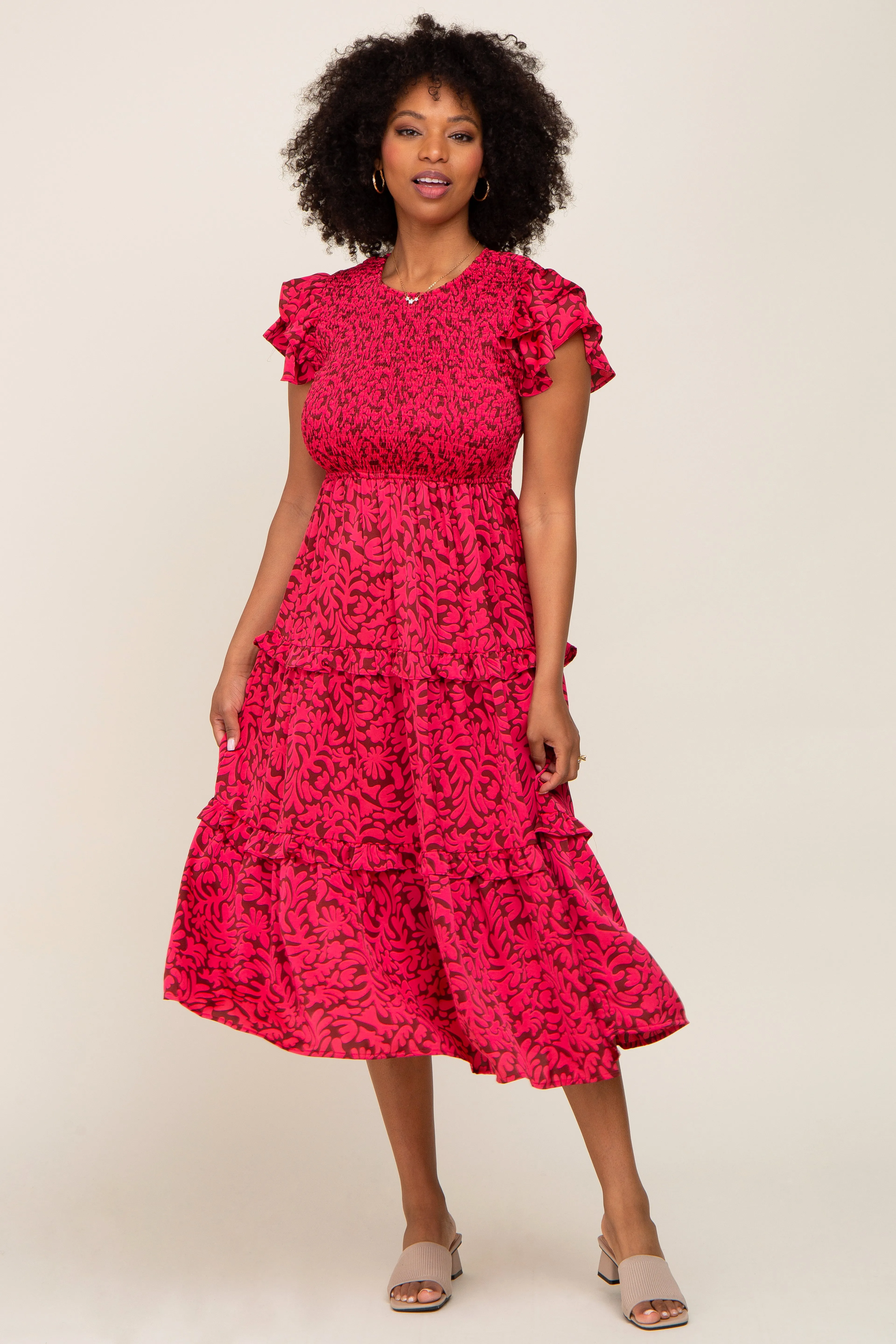 Fuchsia Print Smocked Ruffle Tiered Maternity Midi Dress sold by Pinkblush product image thumbnail 4