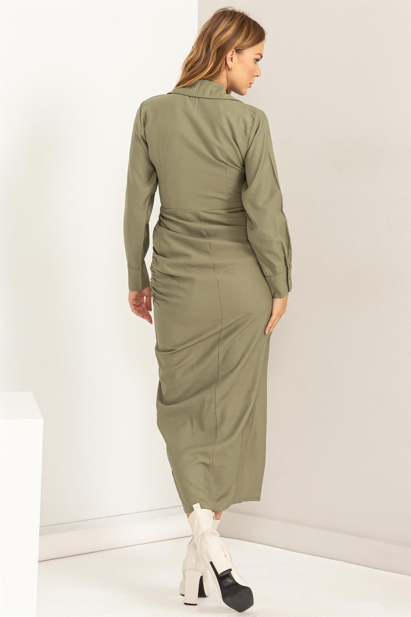 Olive V-Neck Wrap Dress sold by Pinkblush product image thumbnail 3