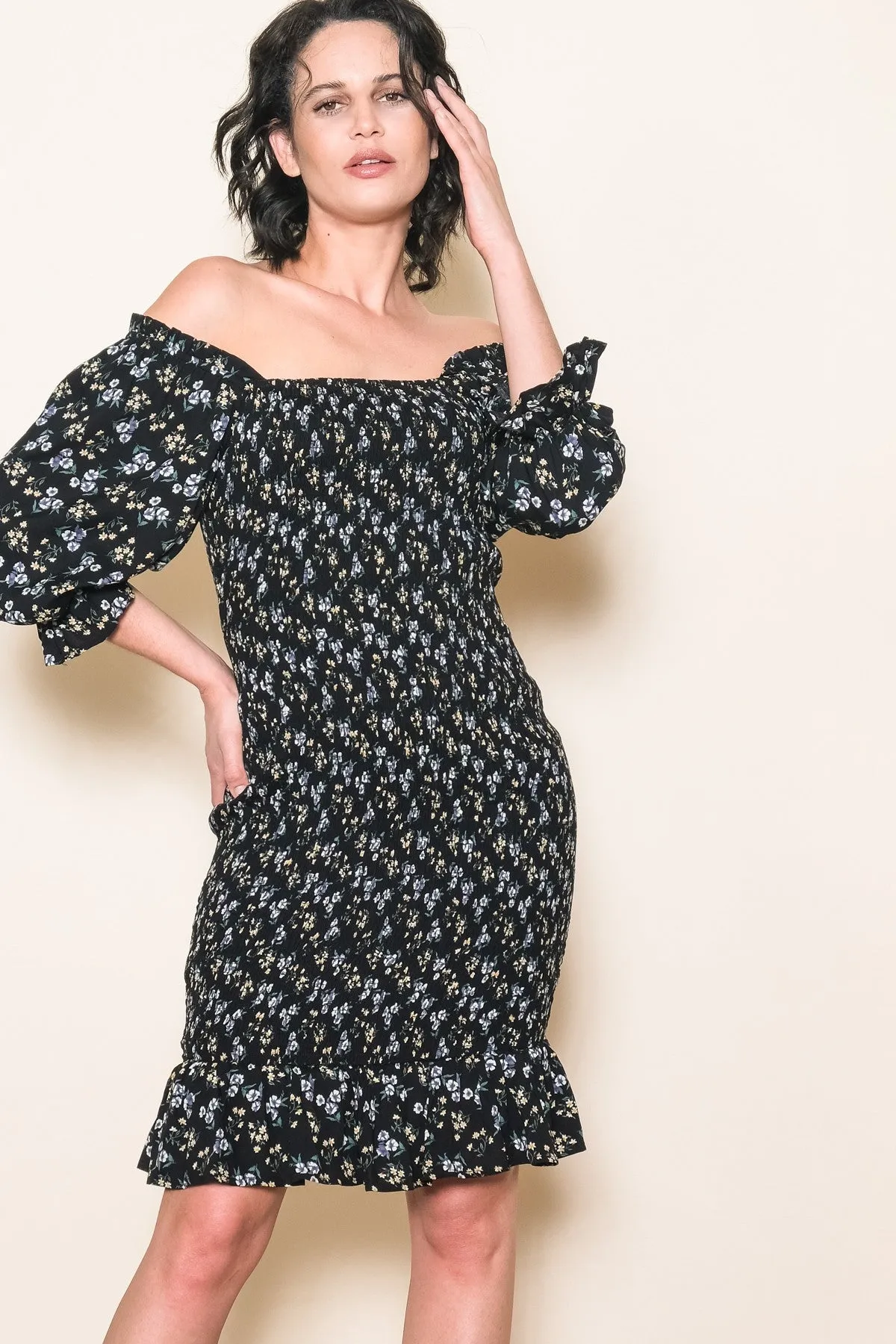 Black Floral Smocked Puff Sleeve Dress sold by Pinkblush product image thumbnail 3