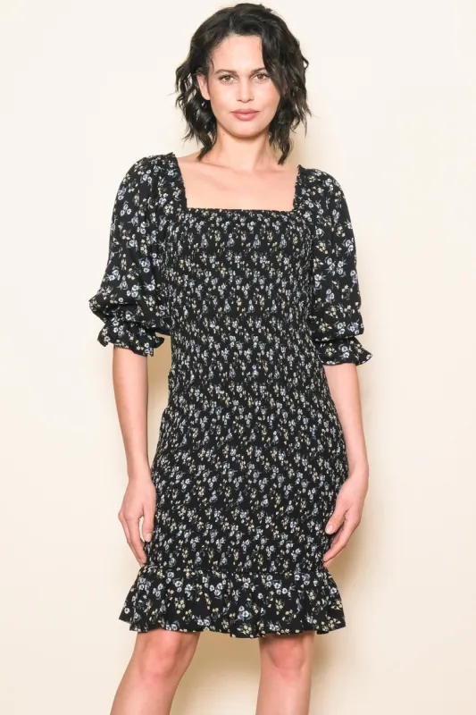 Black Floral Smocked Puff Sleeve Dress sold by Pinkblush