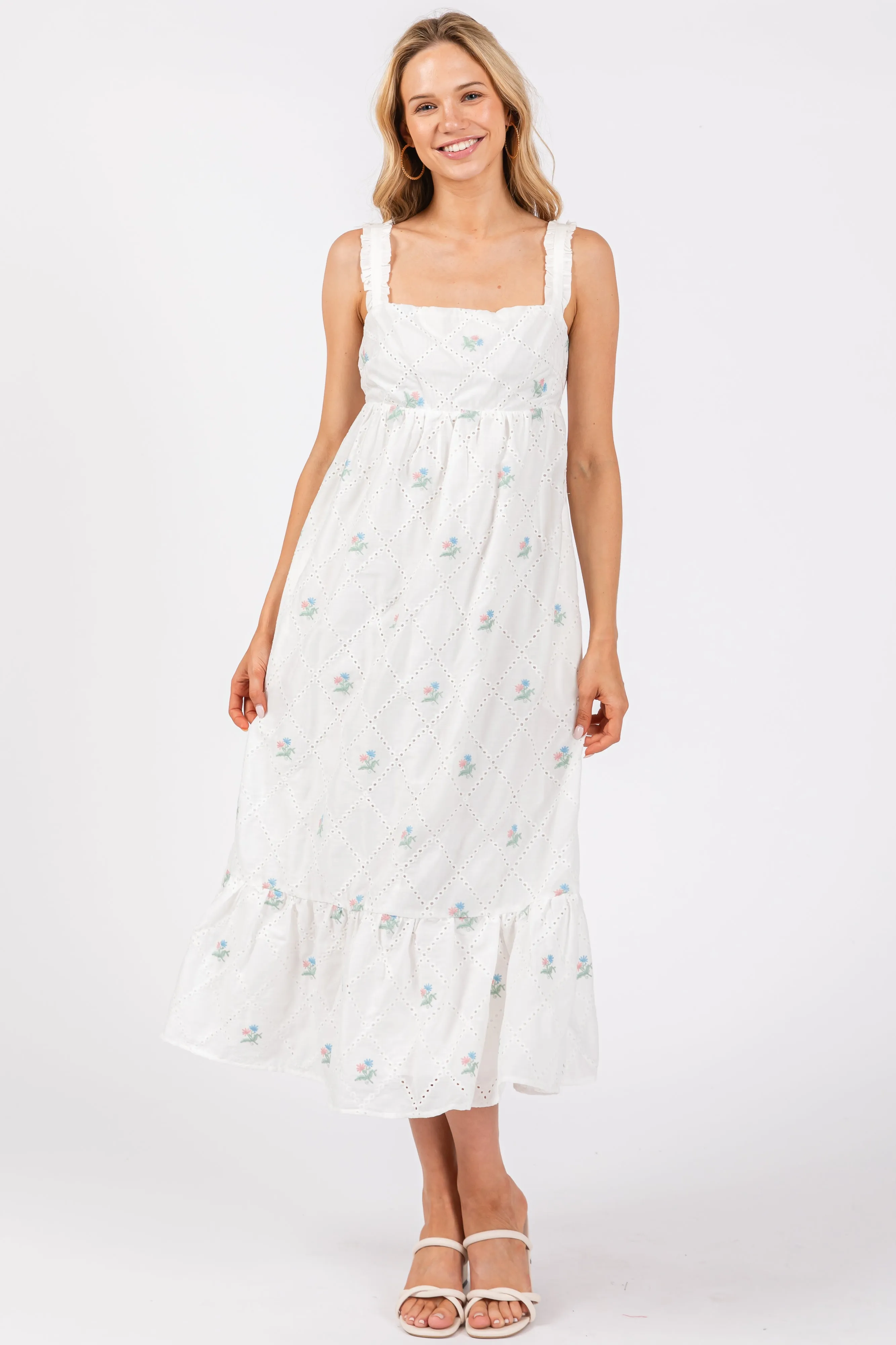 White Eyelet Floral Embroidered Back Tie Cutout Midi Dress sold by Pinkblush