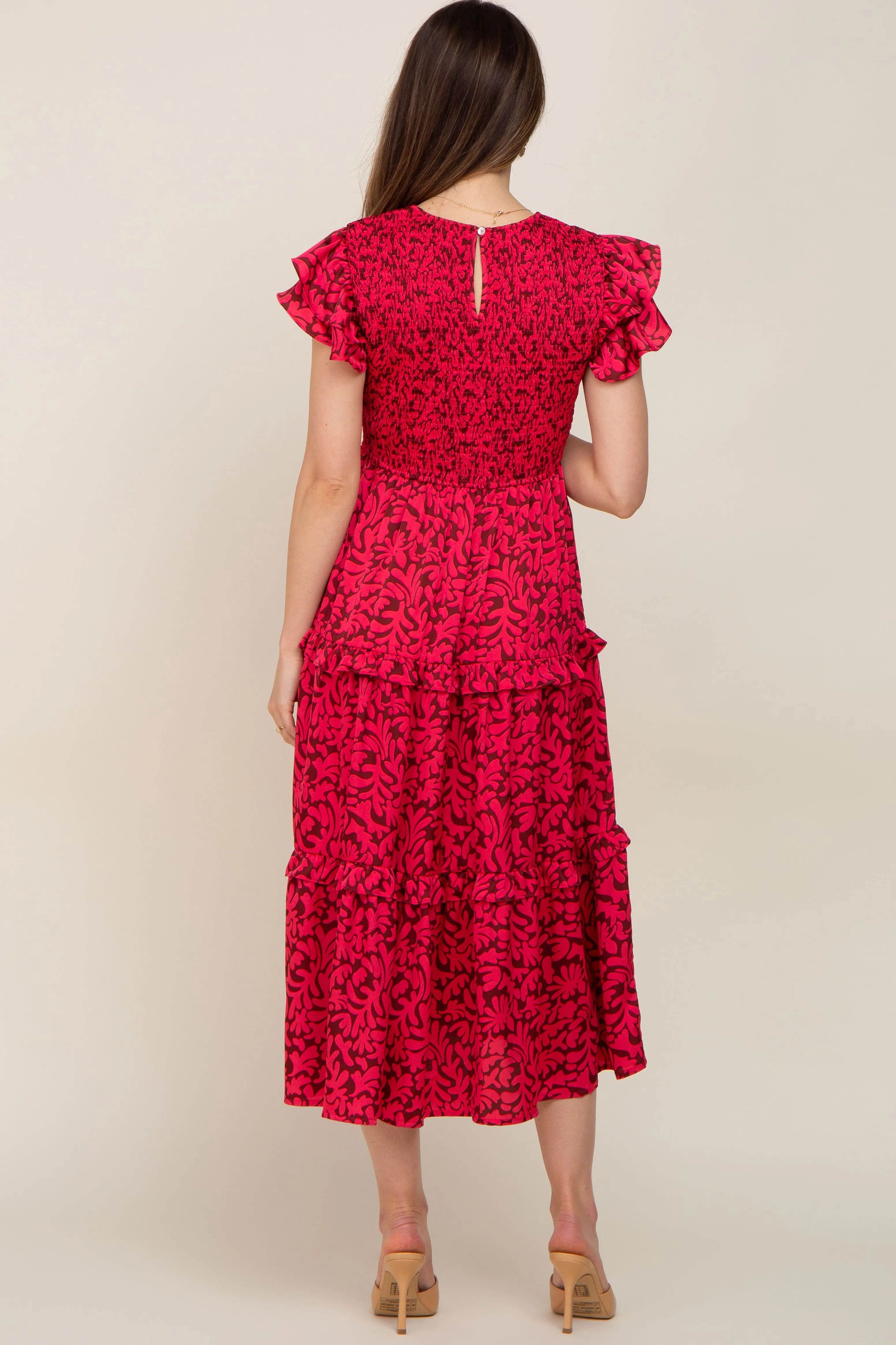 Fuchsia Print Smocked Ruffle Tiered Maternity Midi Dress sold by Pinkblush product image thumbnail 3