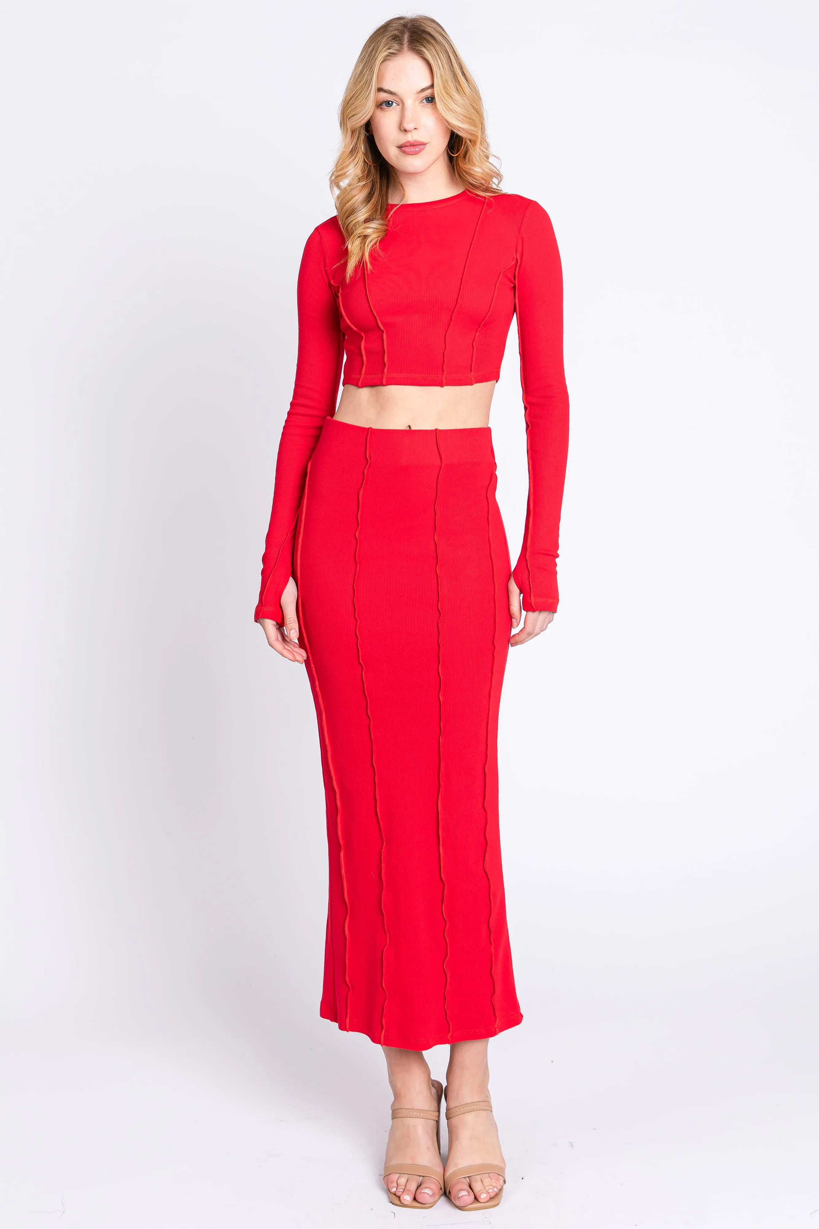 Red Exposed Seams Top and Skirt Set sold by Pinkblush