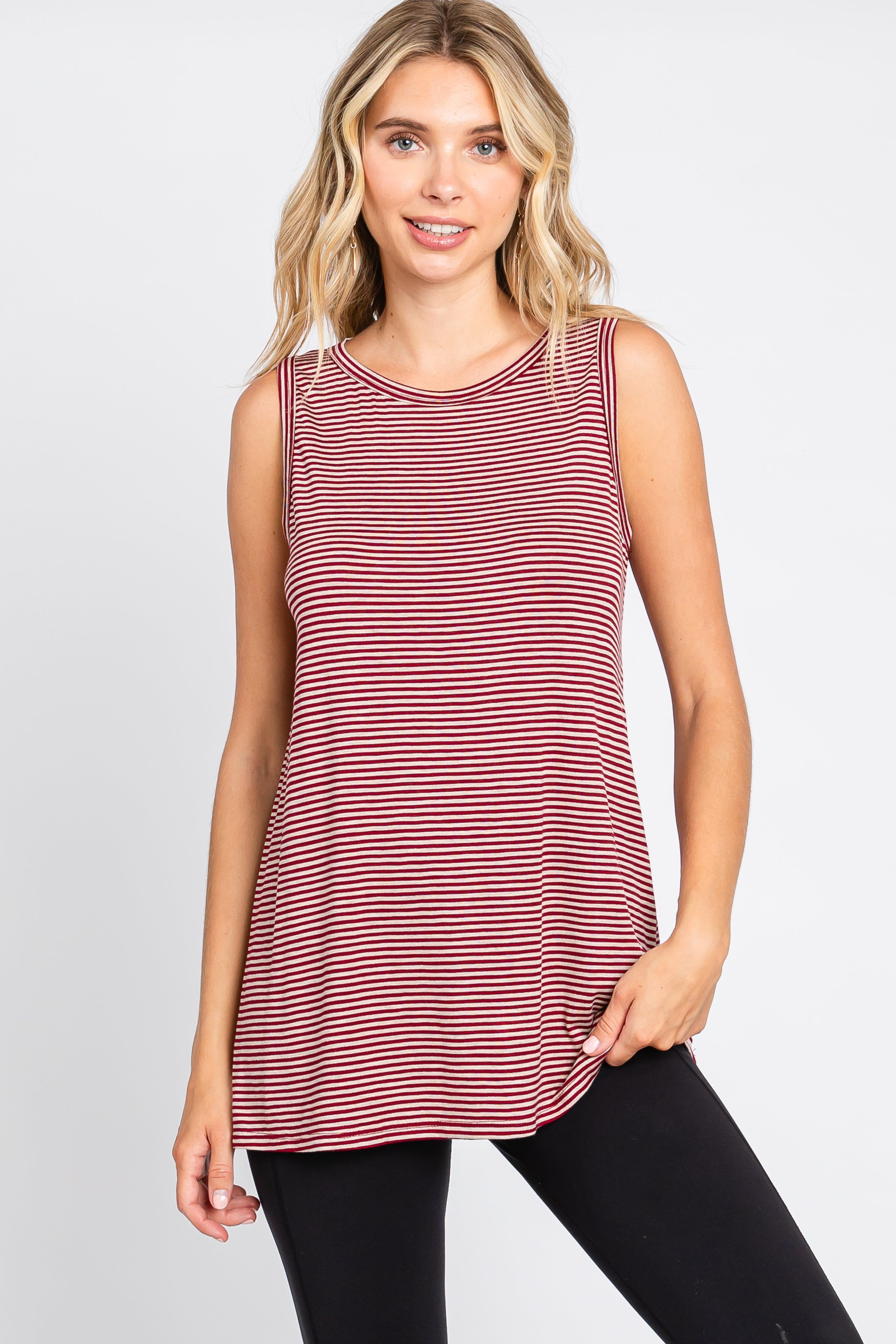 Burgundy Striped Sleeveless Tank Top sold by Pinkblush