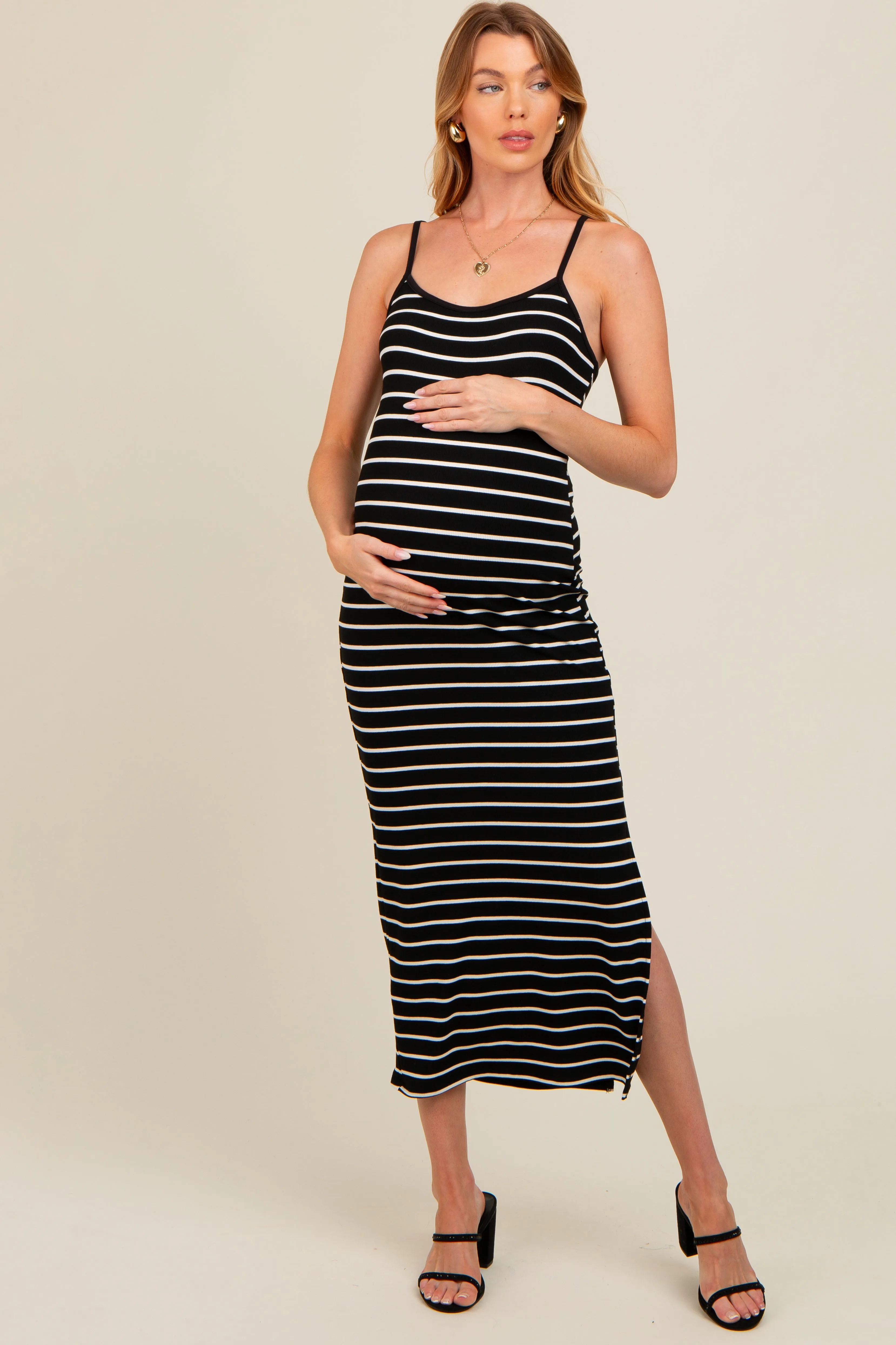 Black Striped Ribbed Adjustable Strap Body Con Maternity Dress sold by Pinkblush