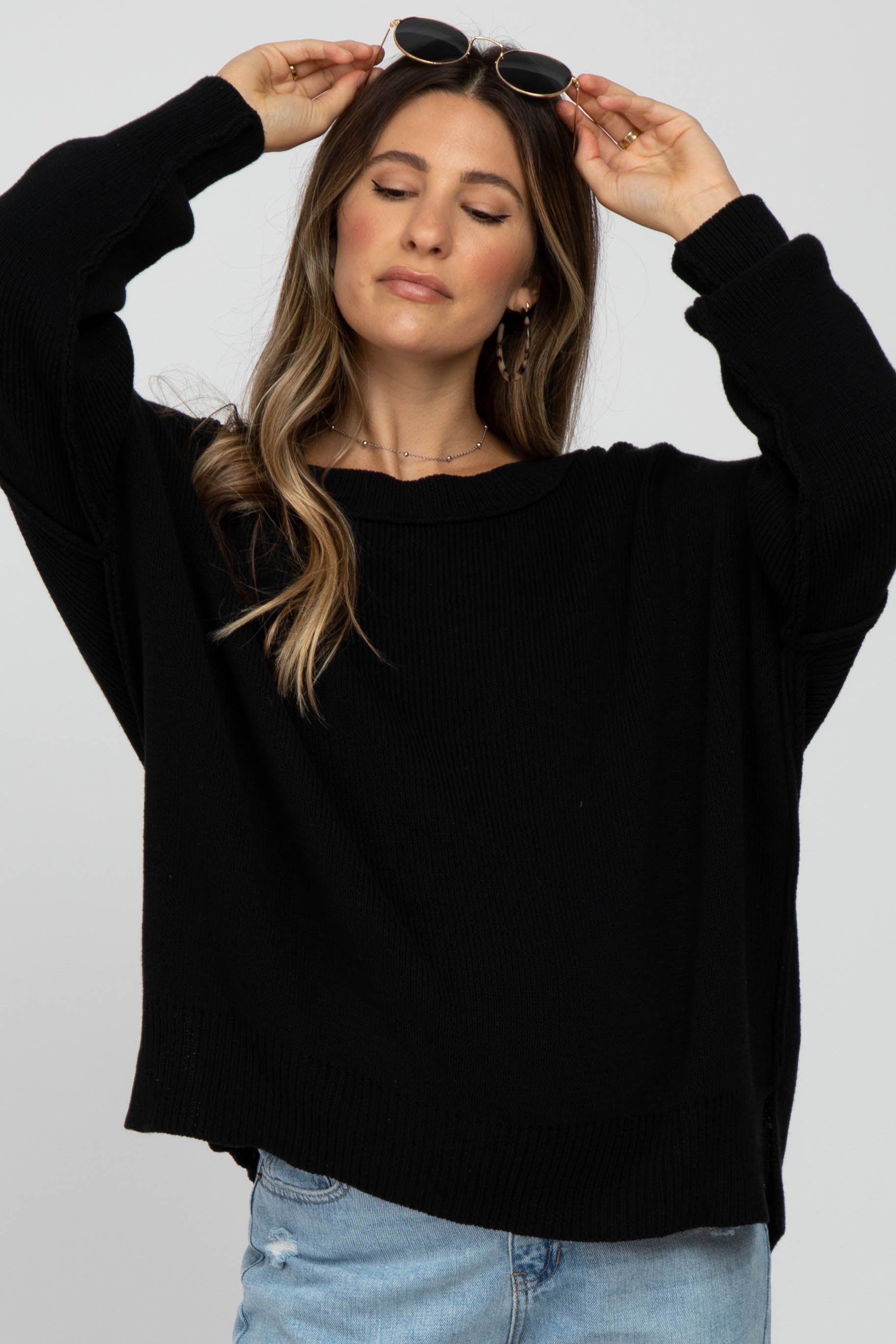 Black Exposed Seam Side Slit Maternity Sweater sold by Pinkblush