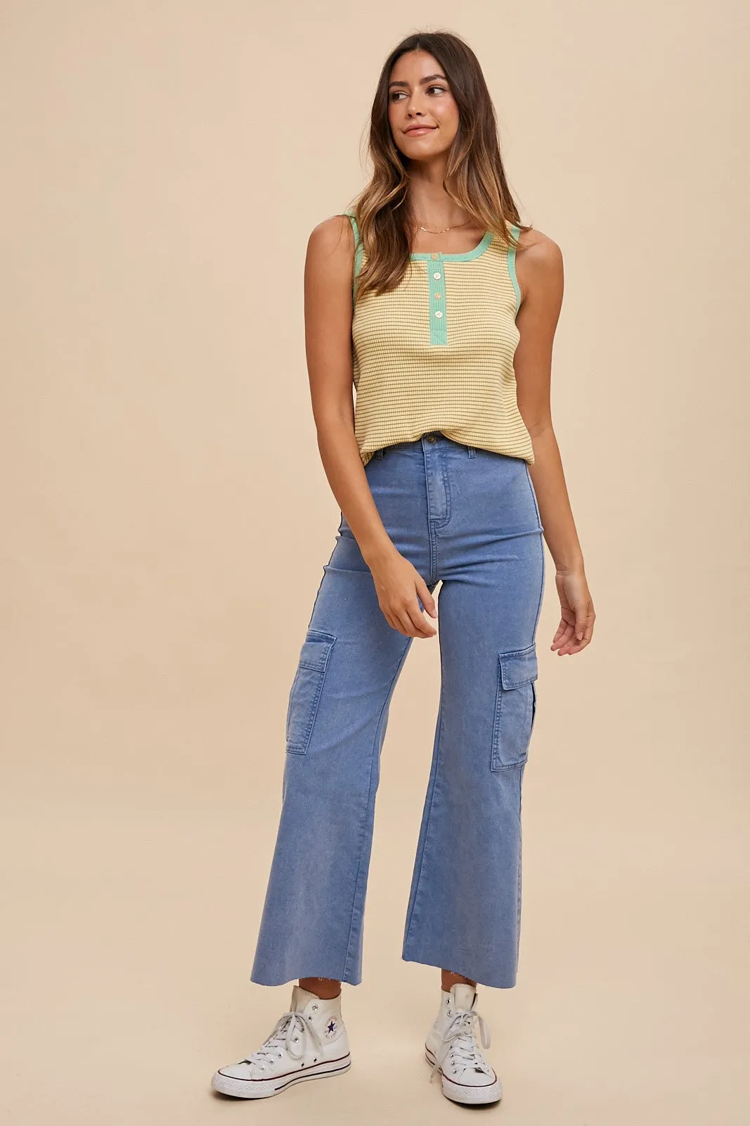 Banana Combo Contrast Striped Rib Henely Tank Top sold by Pinkblush product image thumbnail 2