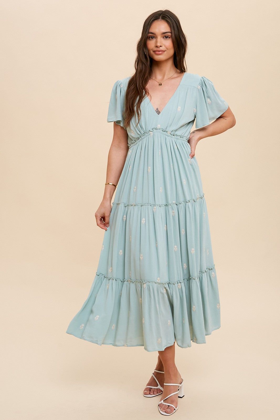 Mint Green Floral Embroidered Tiered Maxi Dress sold by Pinkblush