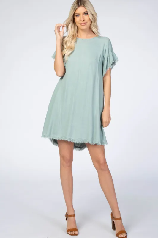 Mint Green Frayed Trim Back Keyhole Linen Dress sold by Pinkblush