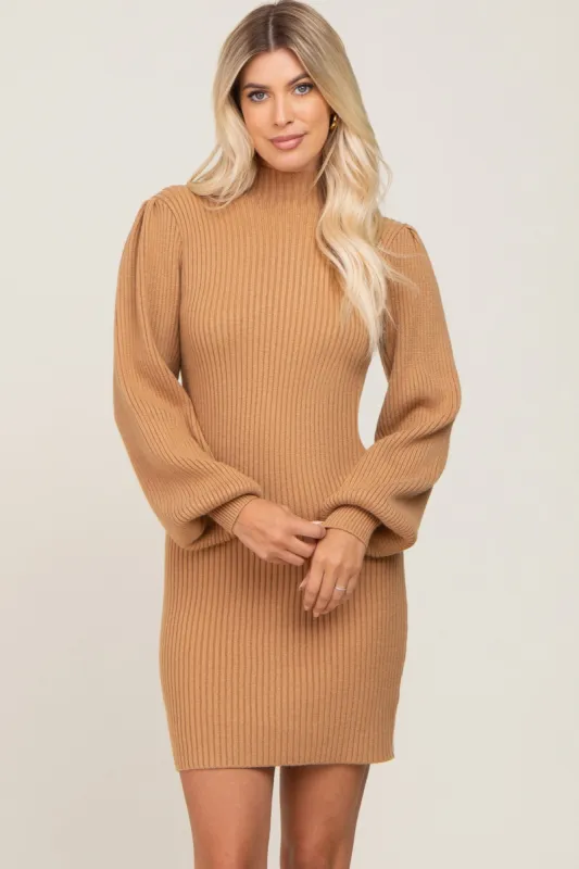 Camel Mock Neck Puff Sleeve Sweater Dress sold by Pinkblush