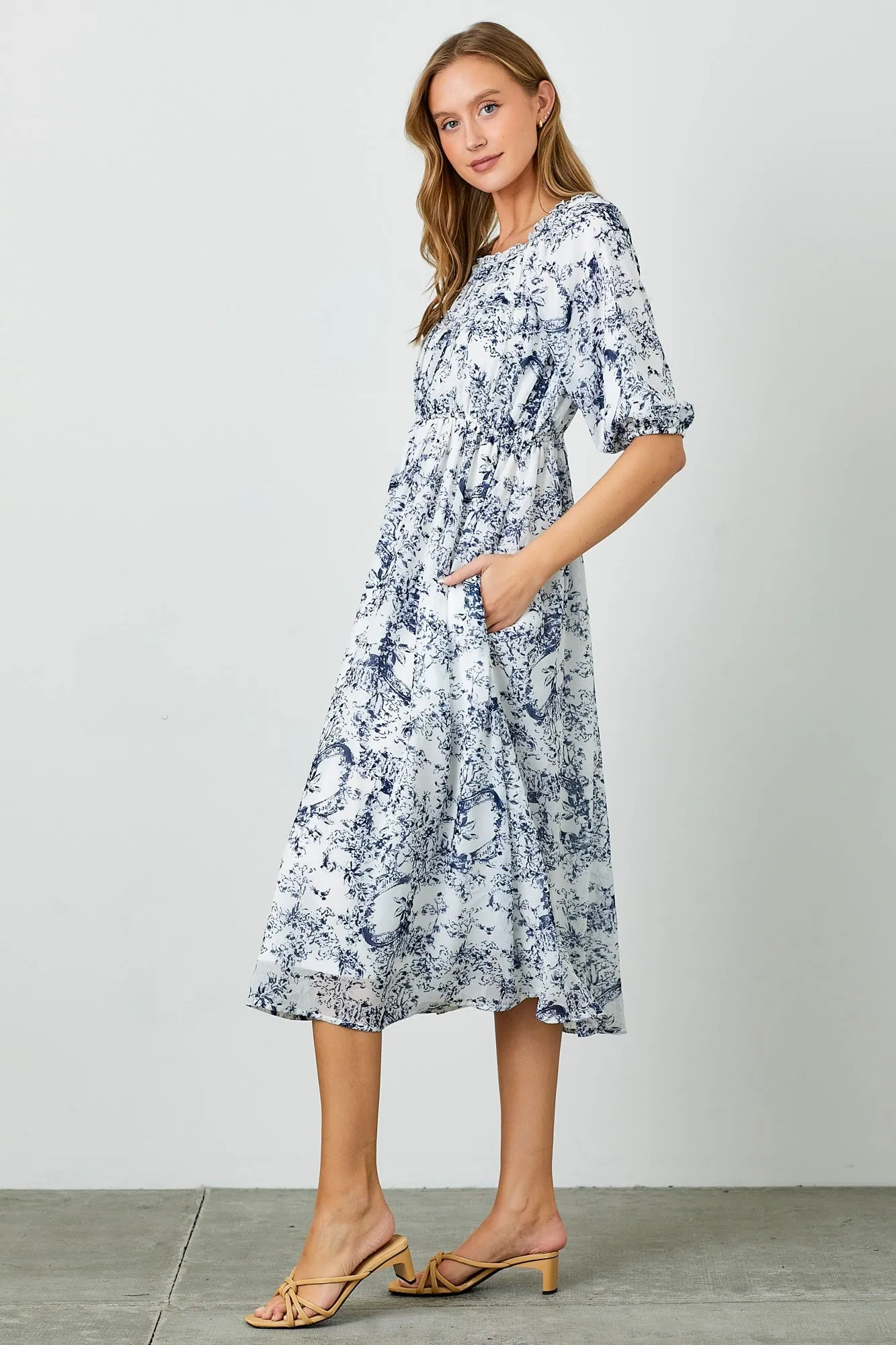 Blue Floral Square Neck Short Puff Sleeve Midi Dress sold by Pinkblush product image thumbnail 2