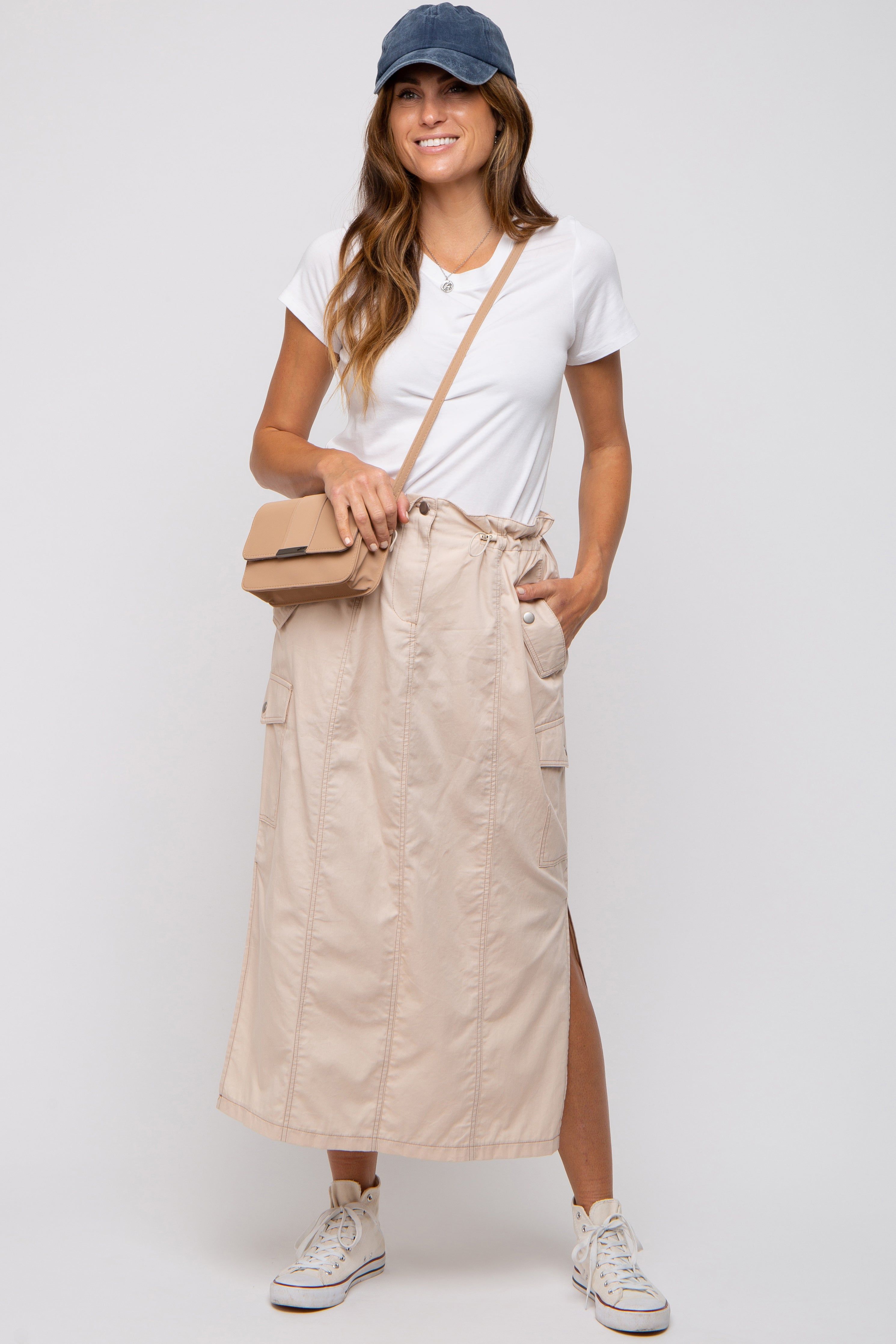 Beige Cargo Cinched Maternity Midi Skirt sold by Pinkblush product image thumbnail 5