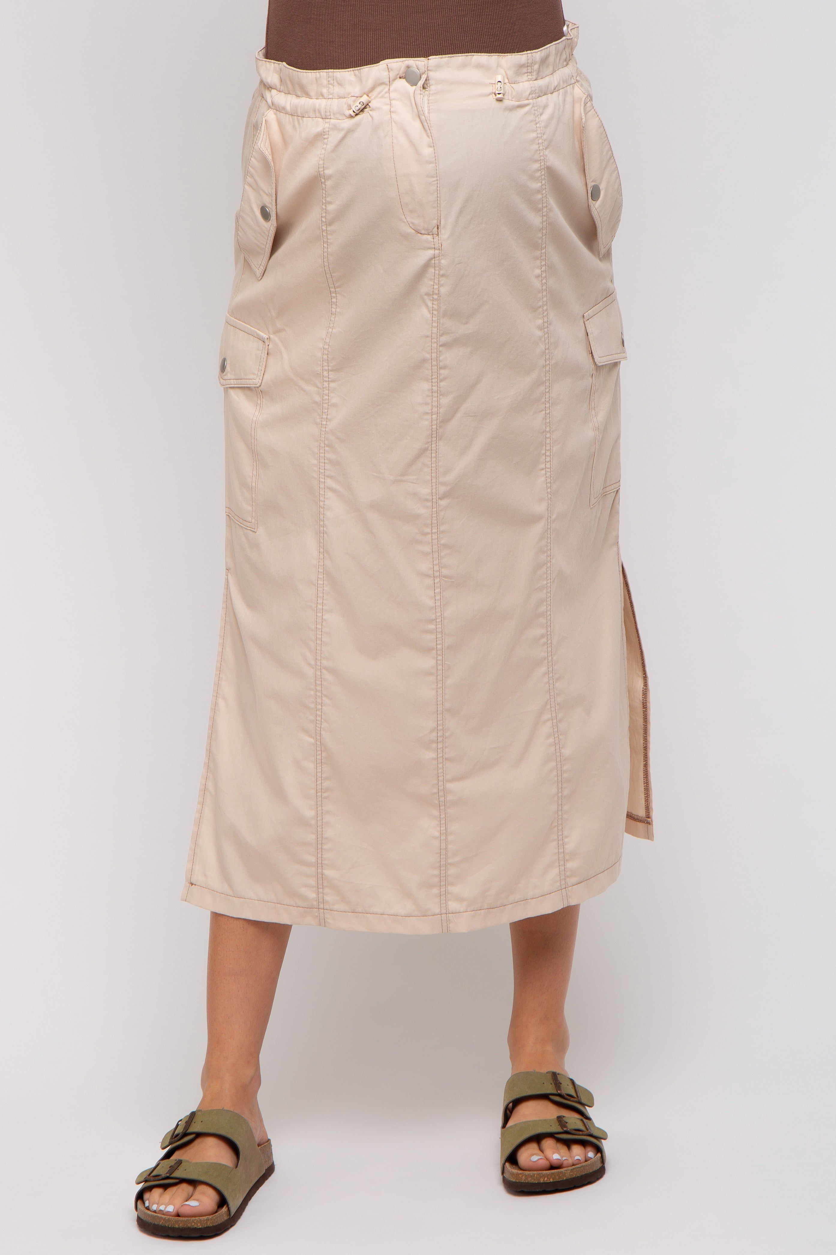Beige Cargo Cinched Maternity Midi Skirt sold by Pinkblush product image thumbnail 2