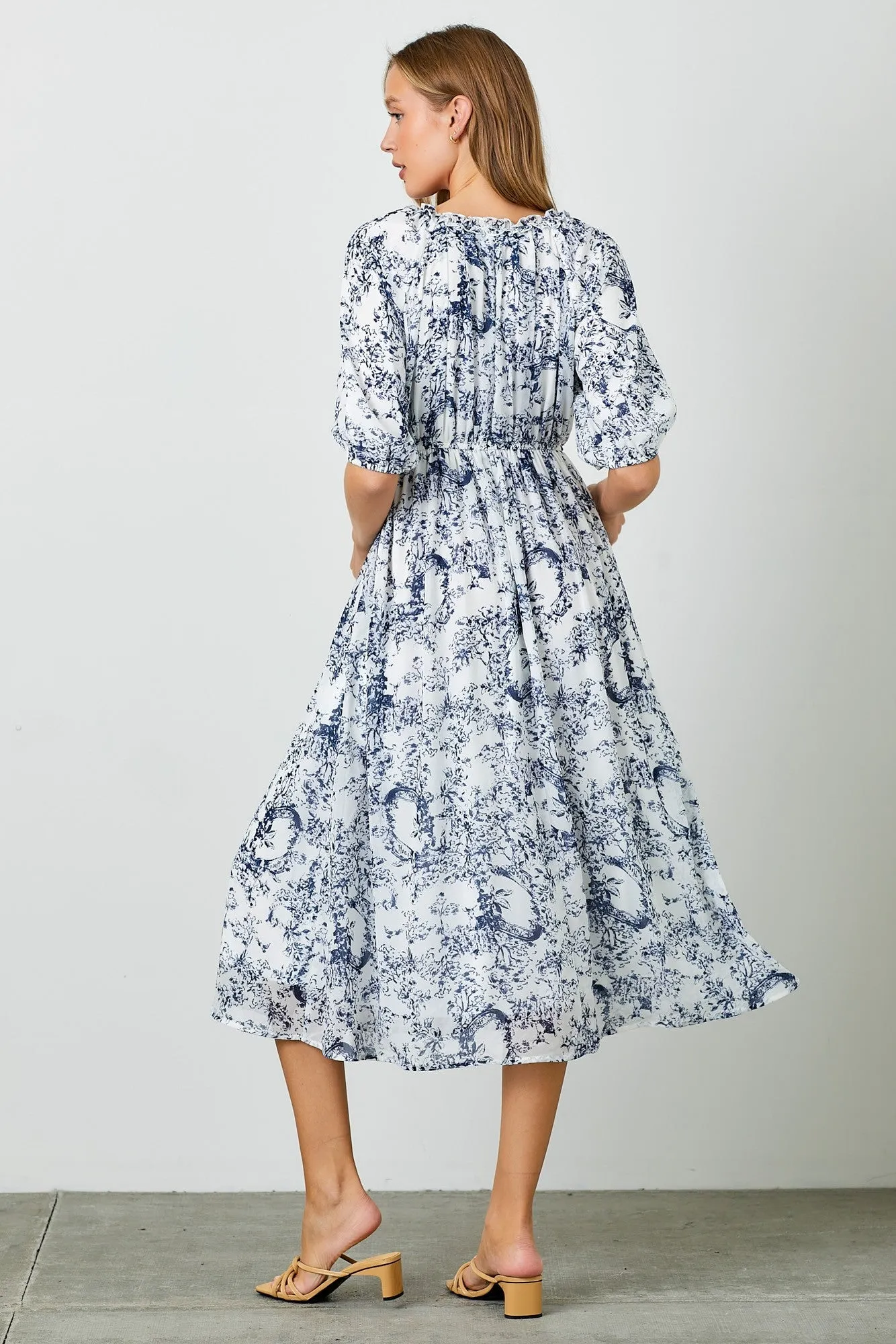 Blue Floral Square Neck Short Puff Sleeve Midi Dress sold by Pinkblush product image thumbnail 3
