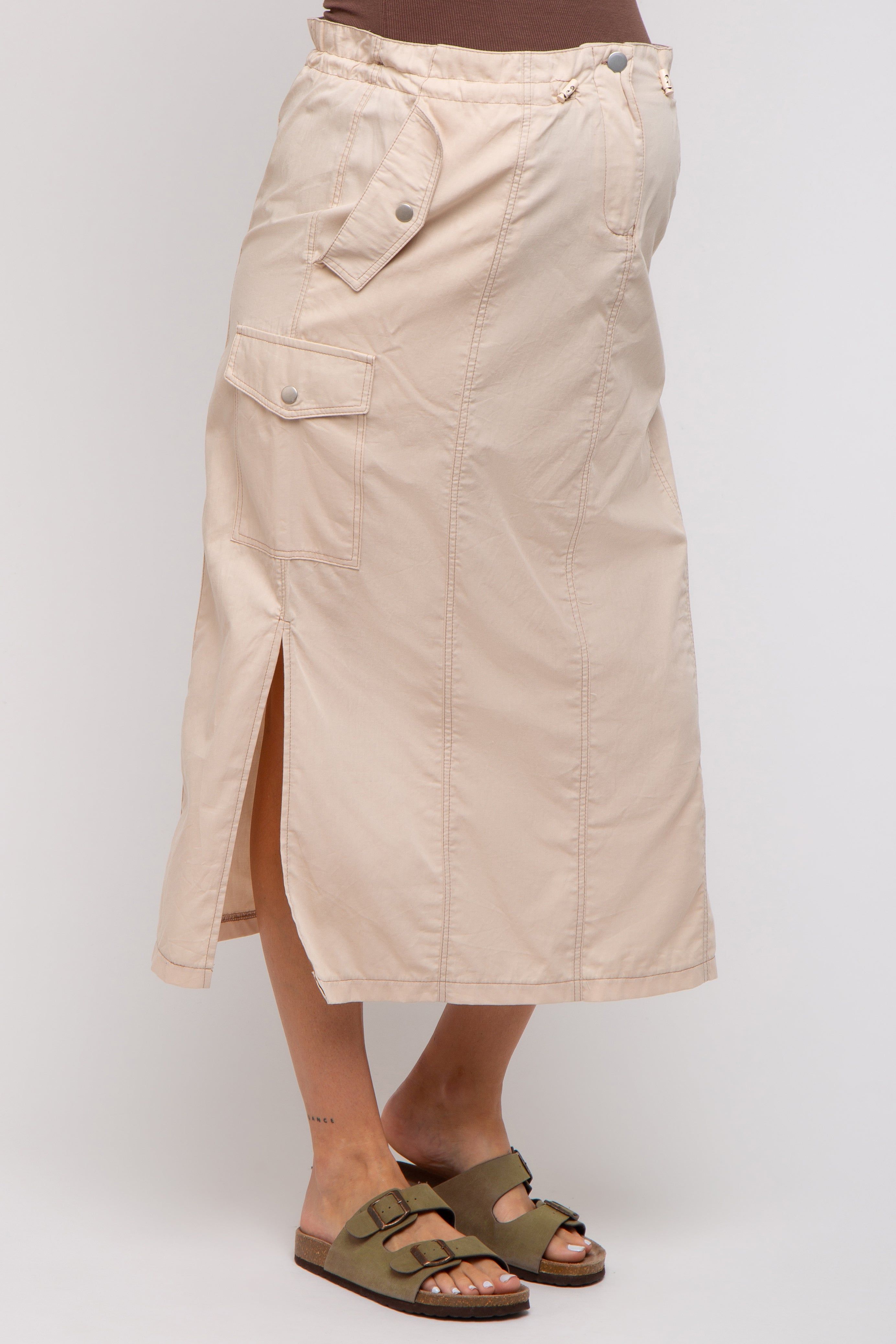Beige Cargo Cinched Maternity Midi Skirt sold by Pinkblush product image thumbnail 3