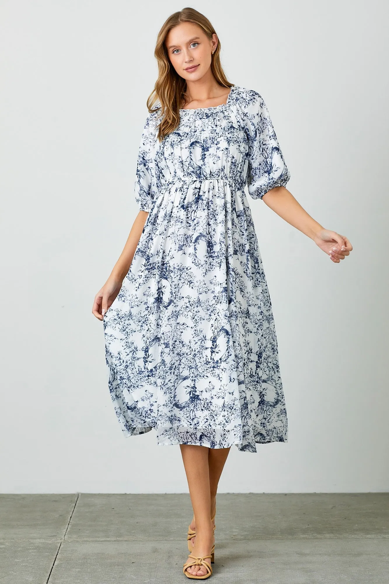 Blue Floral Square Neck Short Puff Sleeve Midi Dress sold by Pinkblush