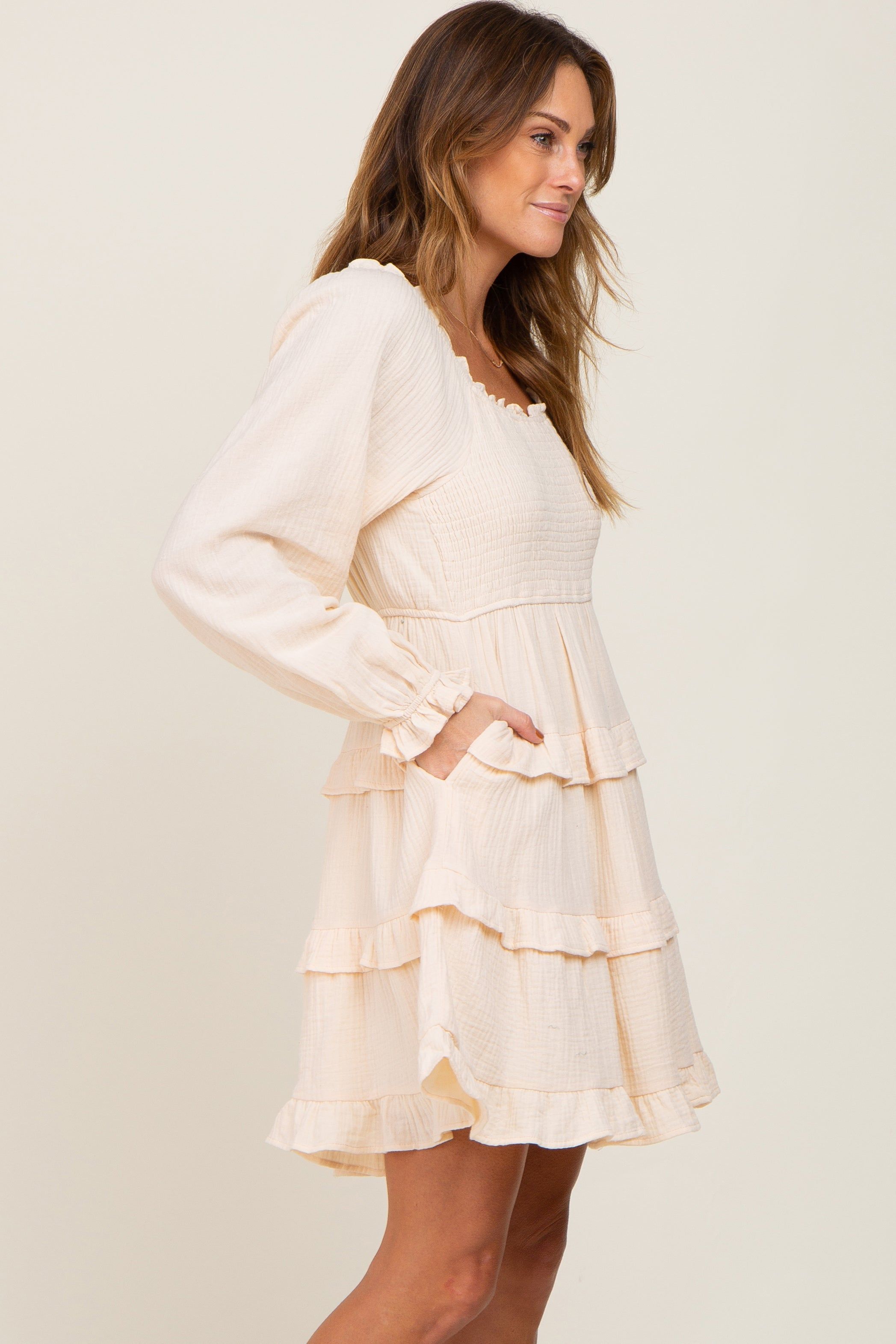 Ivory Smocked Ruffle Tiered Long Sleeve Dress sold by Pinkblush product image thumbnail 2