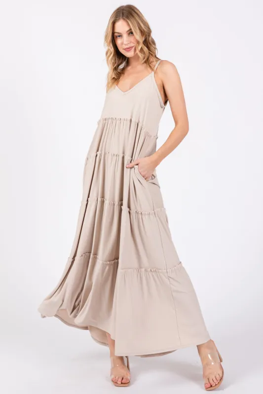 Beige Tiered Sleeveless Maxi Dress sold by Pinkblush