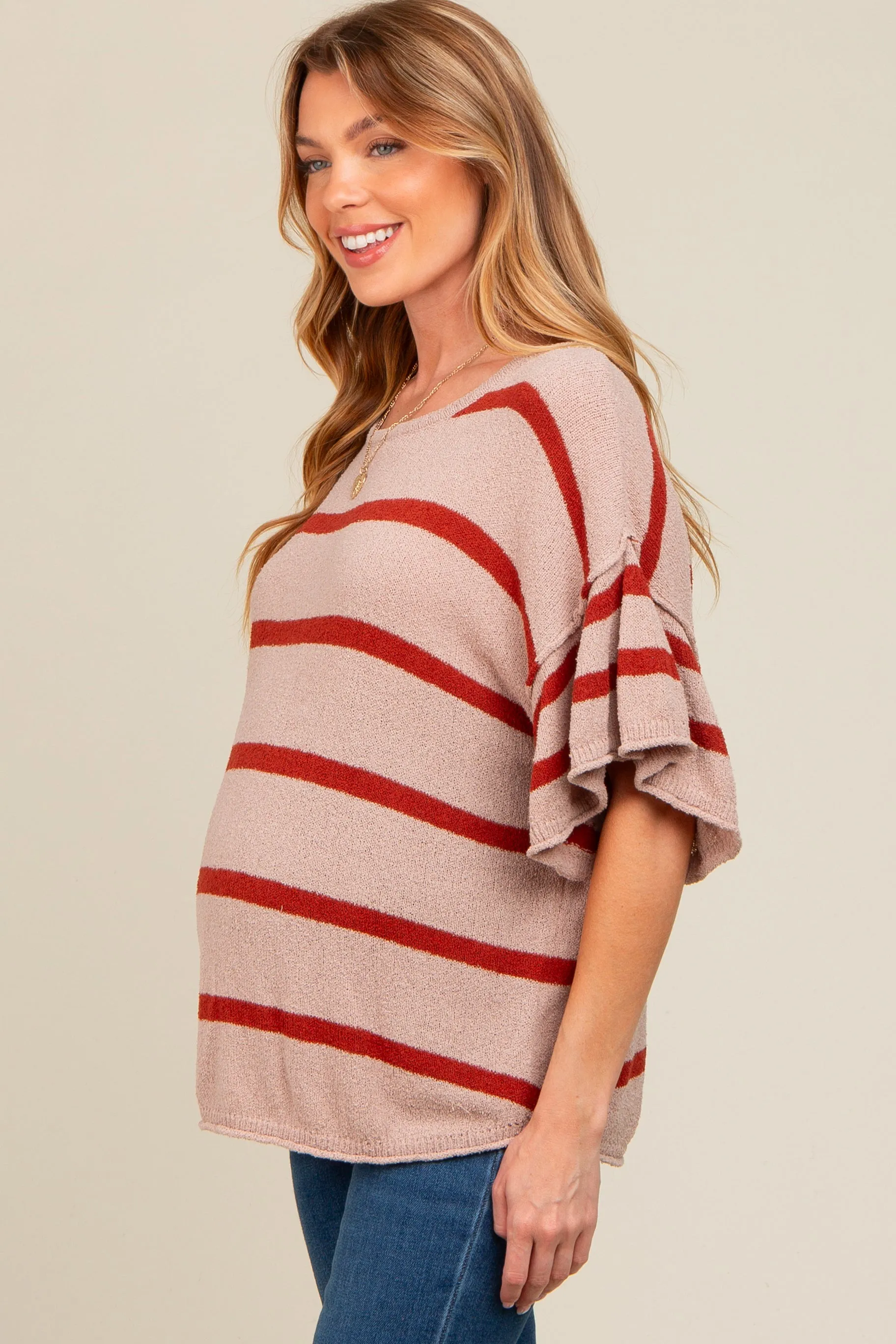 Rust Striped Ruffle Sleeve Knit Maternity Top sold by Pinkblush product image thumbnail 3