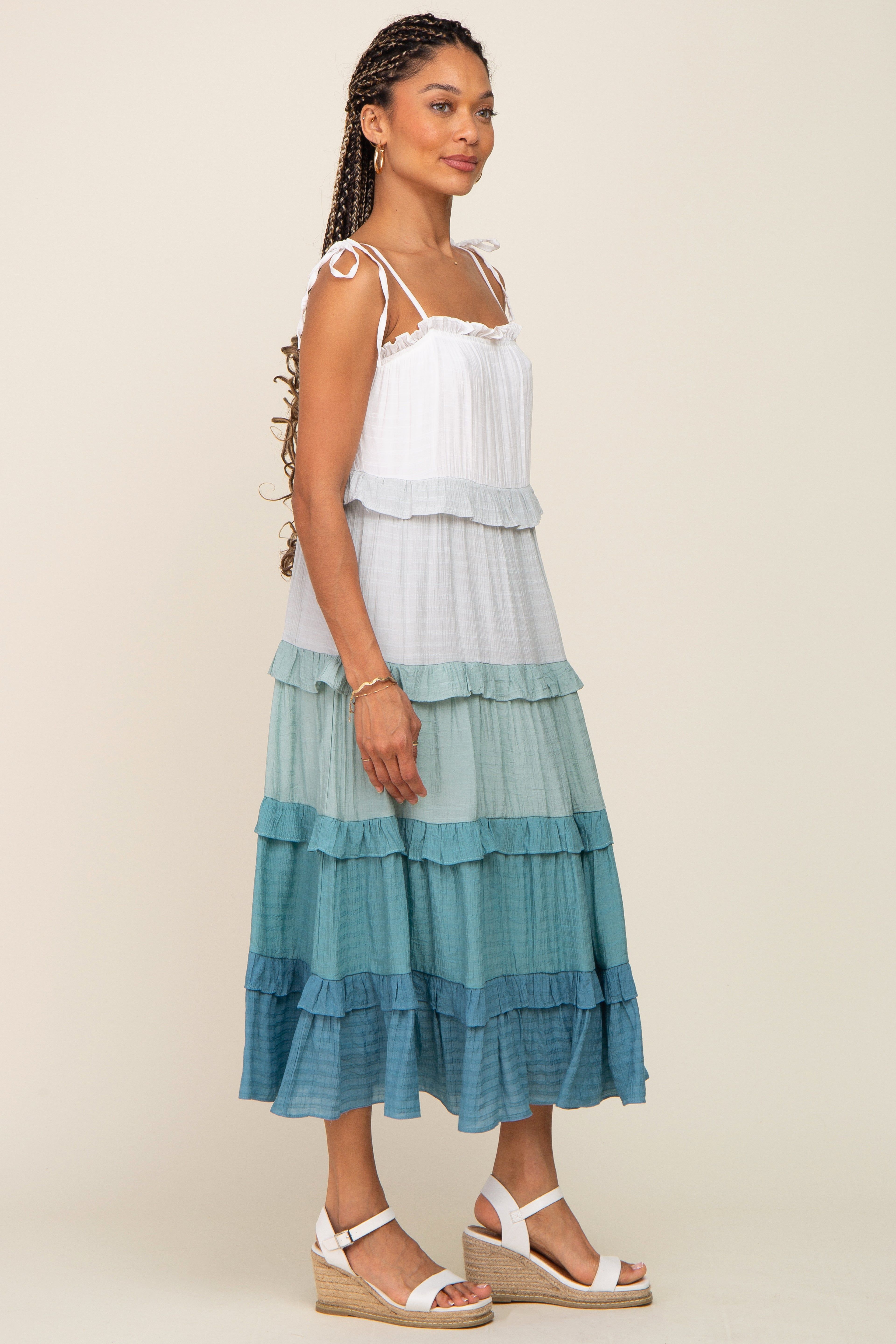 Blue Ombre Ruffle Tiered Shoulder Tie Midi Dress sold by Pinkblush product image thumbnail 2