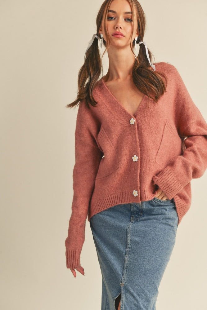 Mauve Daisy Button Knit Cardigan sold by Pinkblush
