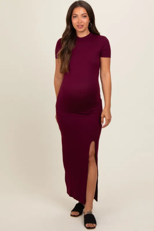 Burgundy Mock Neck Front Slit Short Sleeve Maternity Maxi Dress sold by Pinkblush