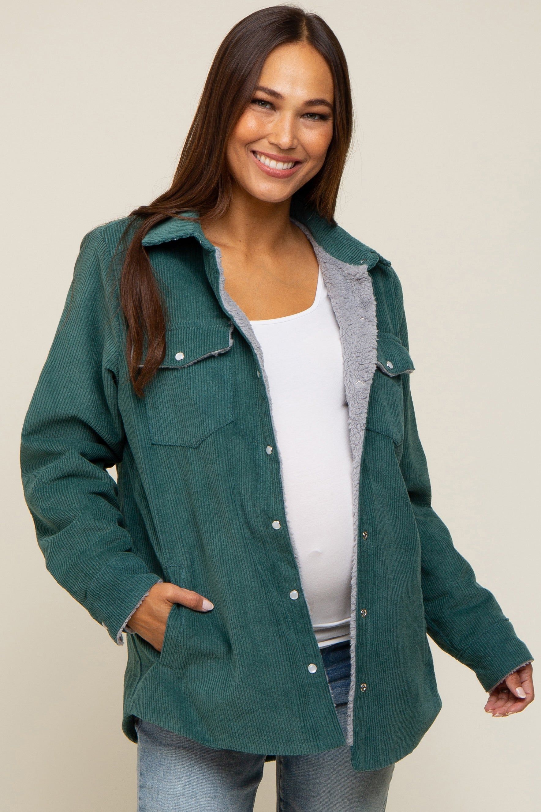 Forest Green Corduroy Sherpa Lined Maternity Shacket sold by Pinkblush