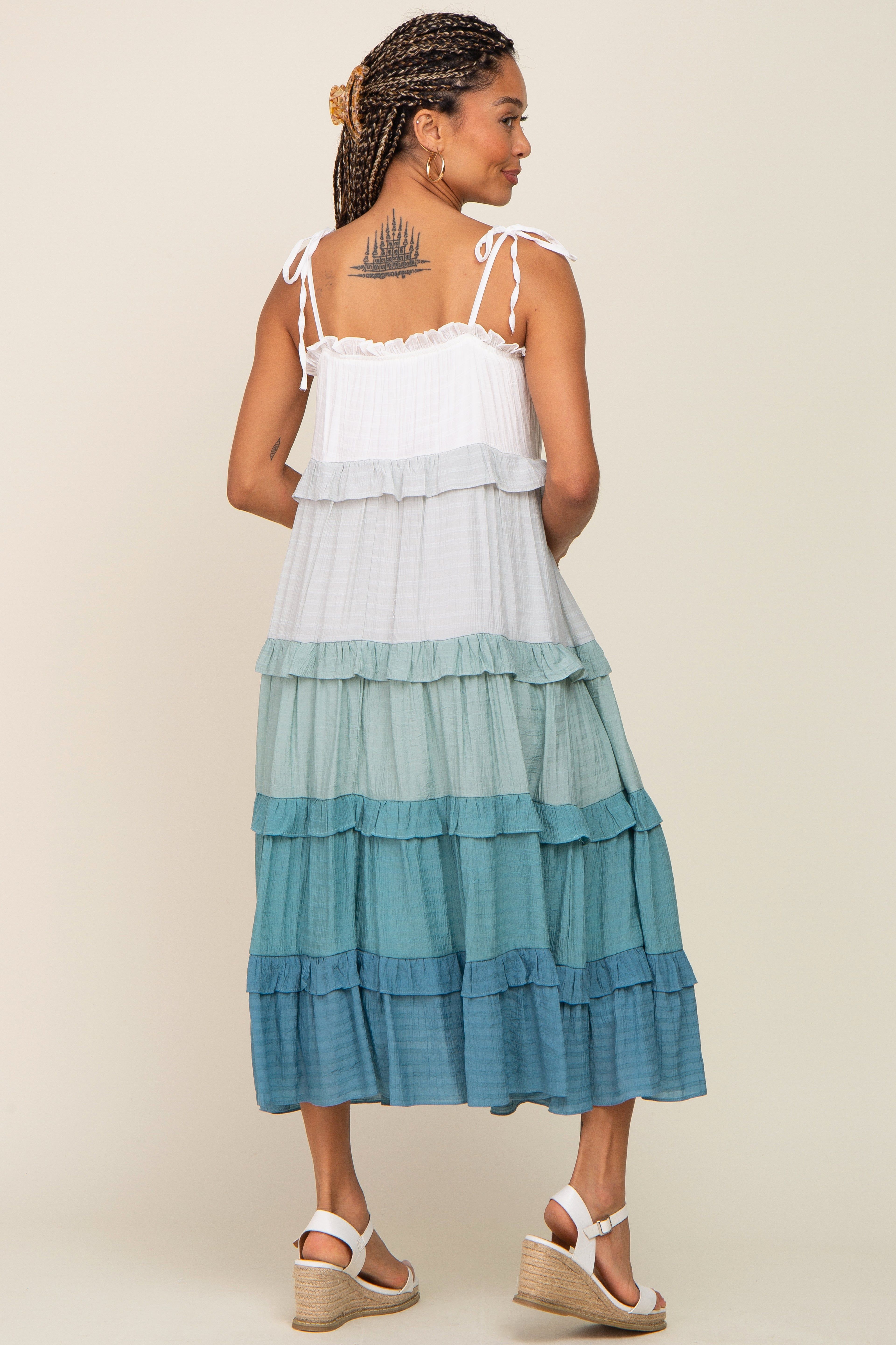 Blue Ombre Ruffle Tiered Shoulder Tie Midi Dress sold by Pinkblush product image thumbnail 3